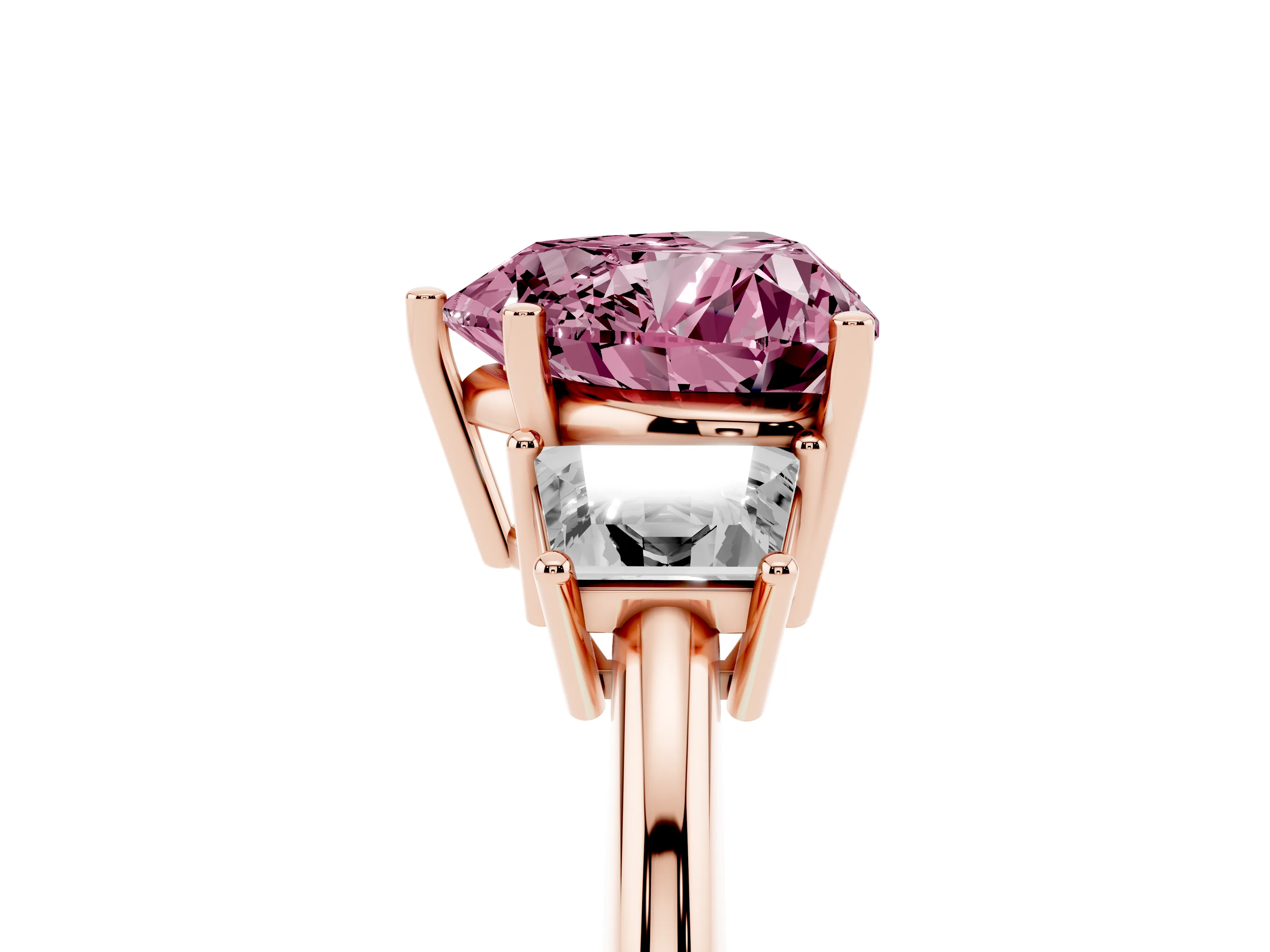 Fancy Pink Heart Cut Diamond Three-Stone Ring Set in Rose gold with Trapezoid Side Stones and Prong Setting