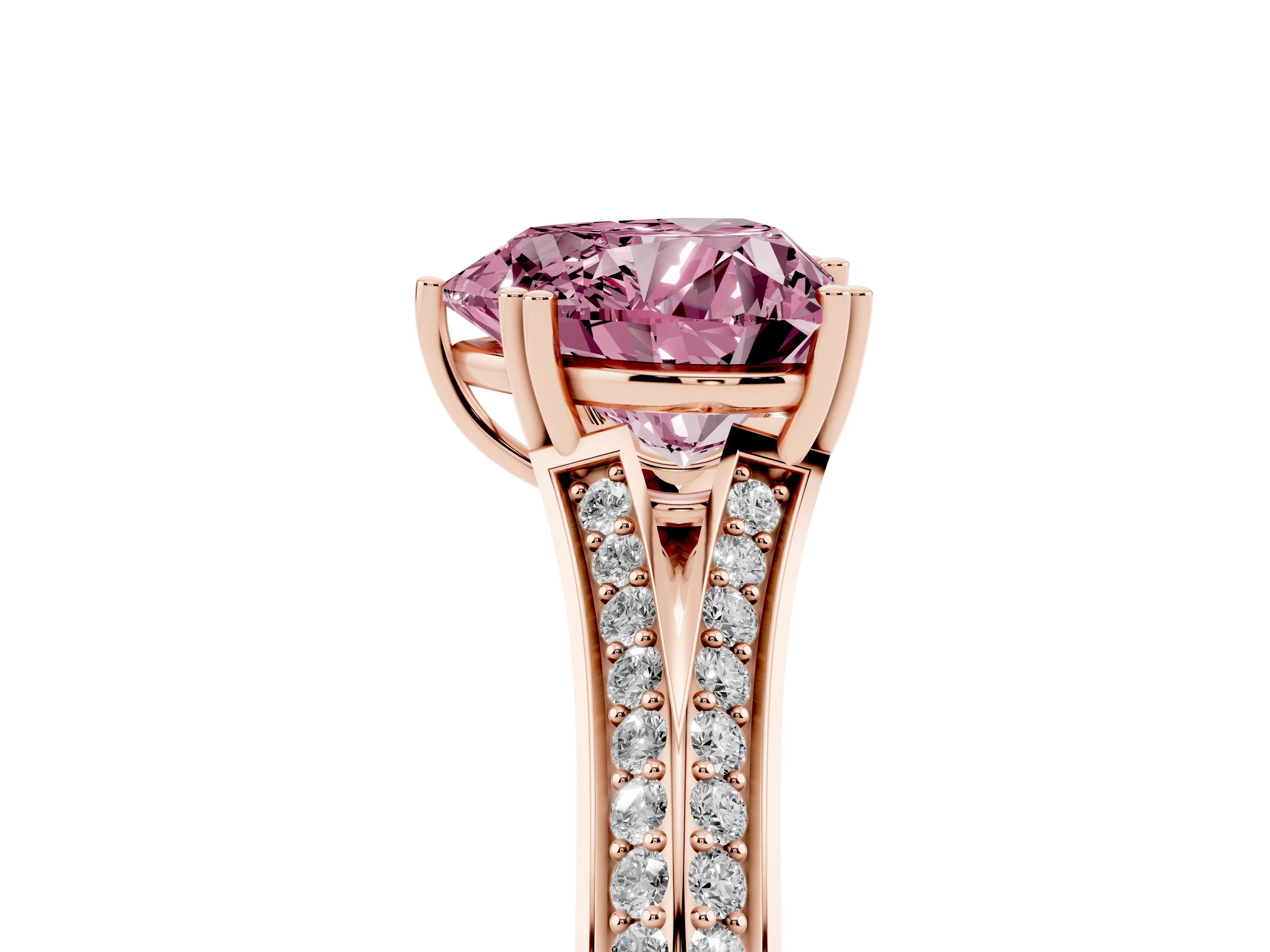 Fancy Pink Heart Cut Diamond Split Shank Pavé Engagement Ring Set in Rose gold with Prong-Set Center Stone