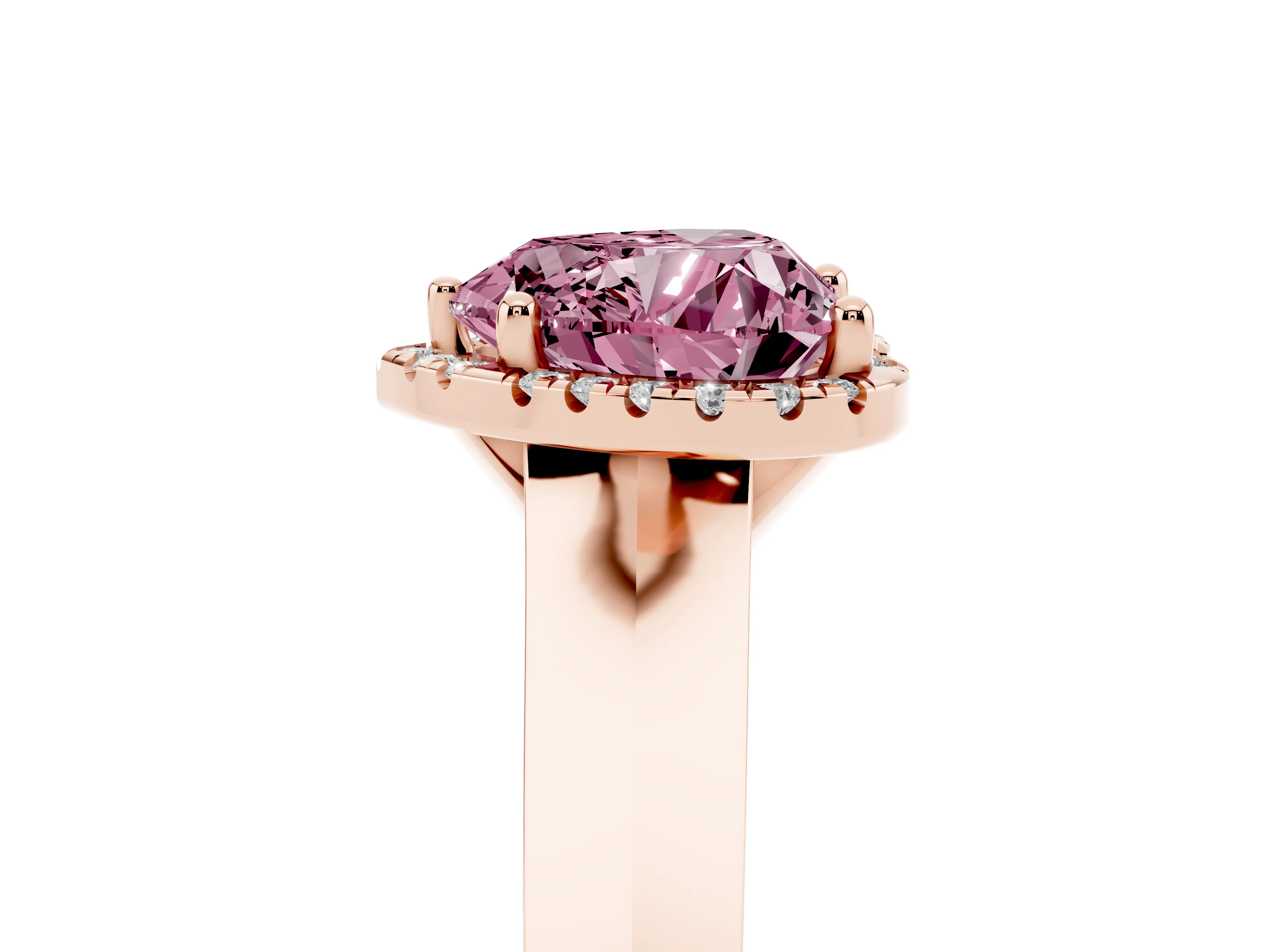 Fancy Pink Heart Cut Diamond Halo Ring Set in Rose gold with Cathedral Band and Prong Setting