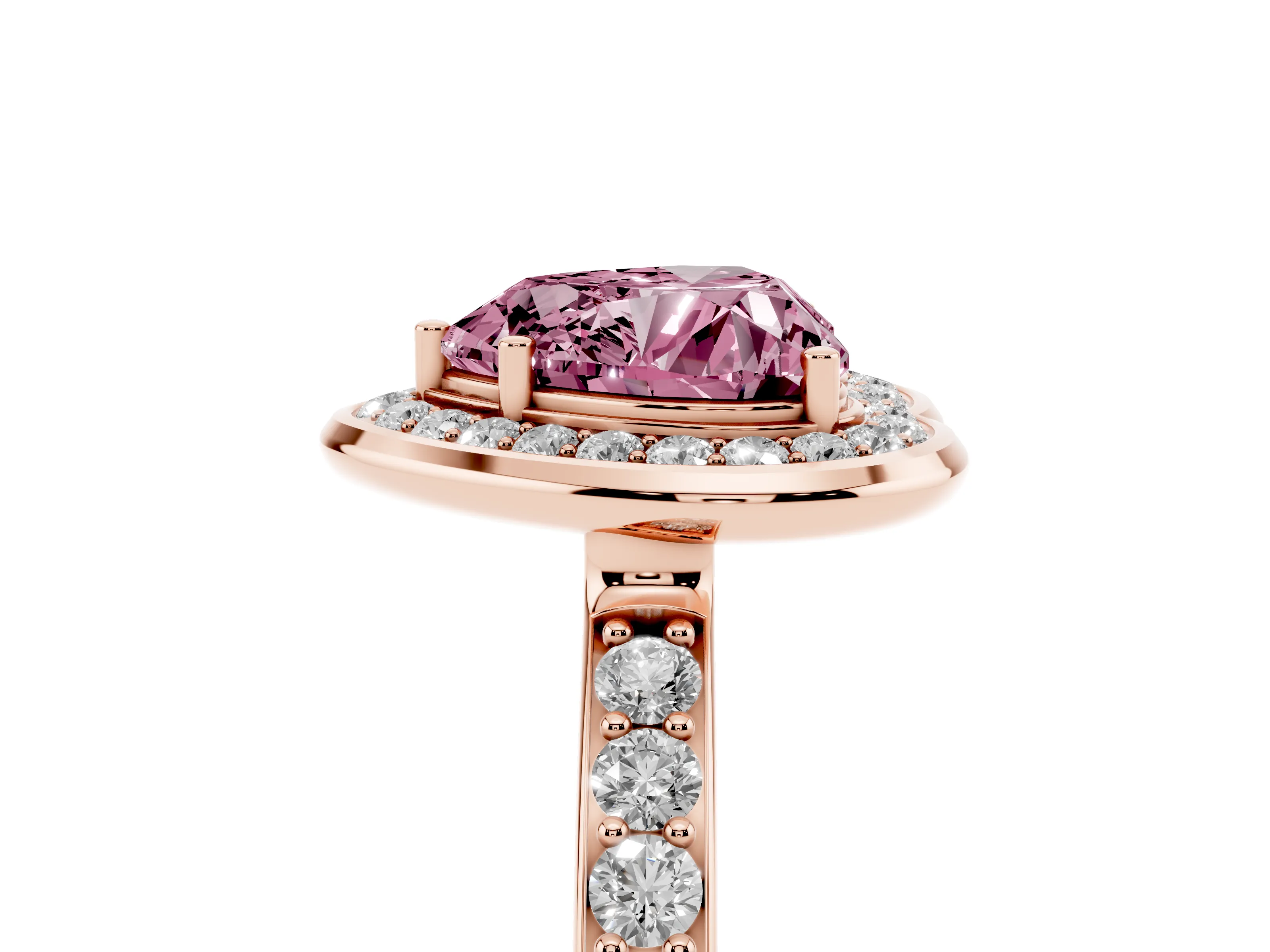 Fancy Pink Heart Cut Diamond Halo Ring Set in Rose gold with Bezel Frame and Pavé Band