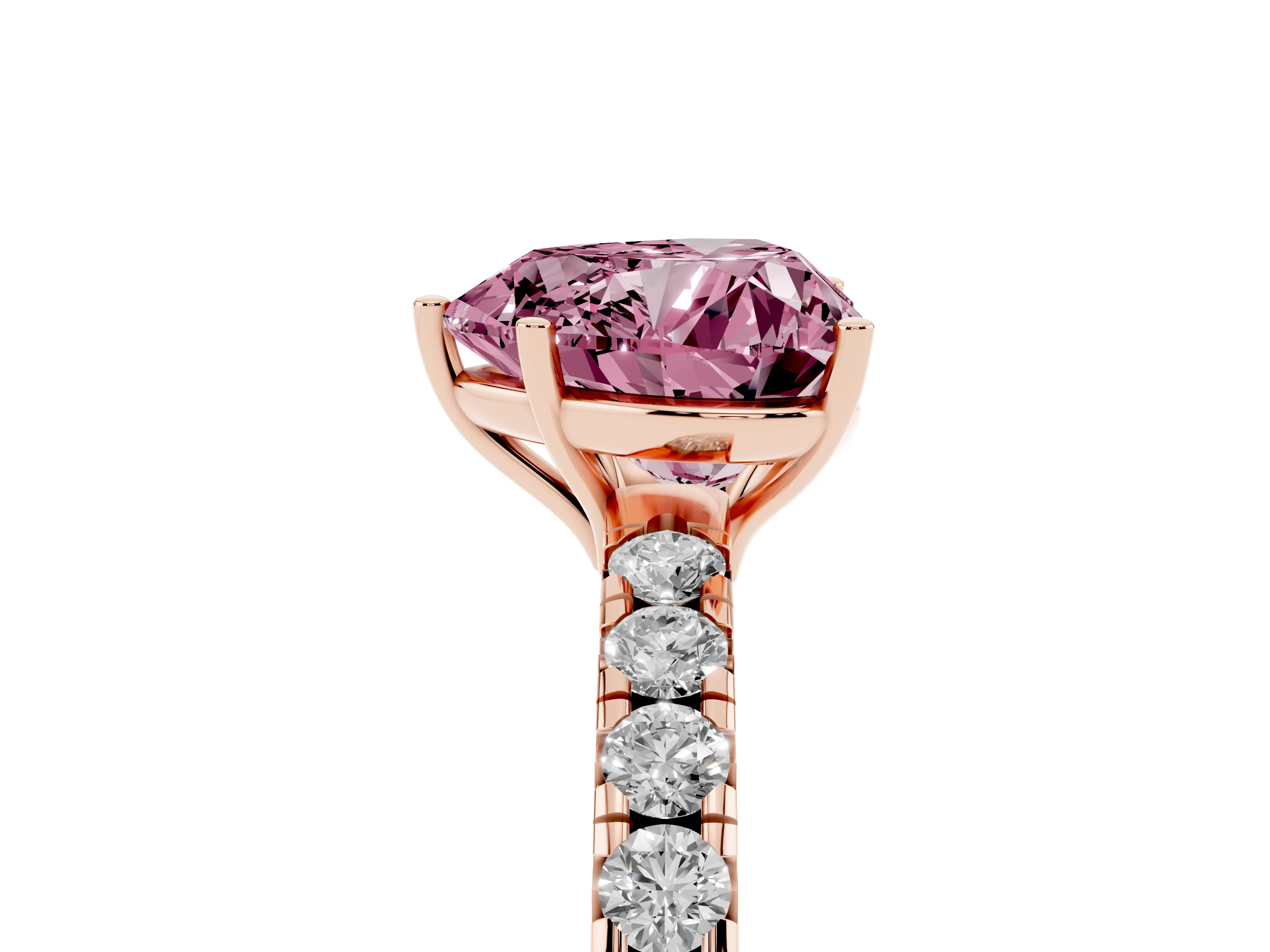 Fancy Pink Heart Cut Diamond Pavé Solitaire Engagement Ring Set in Rose gold with Prong Setting
