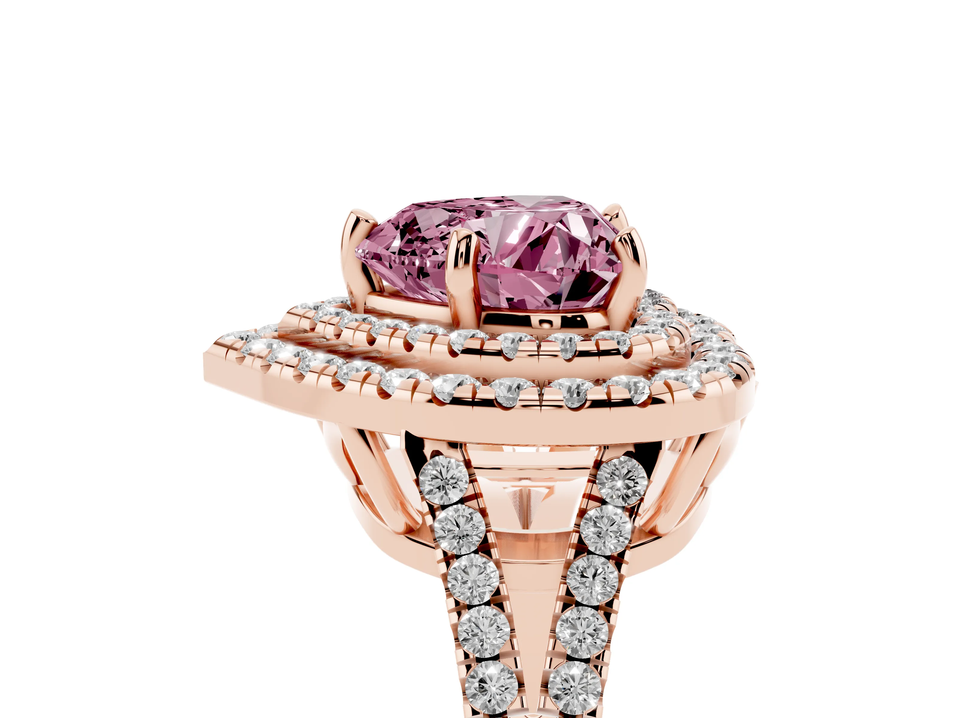 Fancy Pink Heart Cut Diamond Double Halo Ring Set in Rose gold with Pavé Band