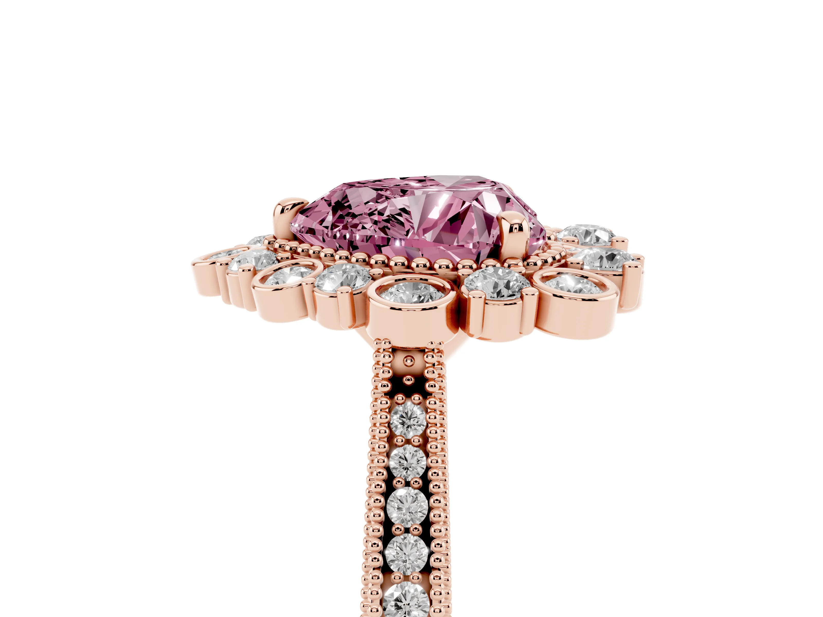 Fancy Pink Heart Cut Diamond Halo Milgrain Pavé Ring Set in Rose gold with Prong Setting