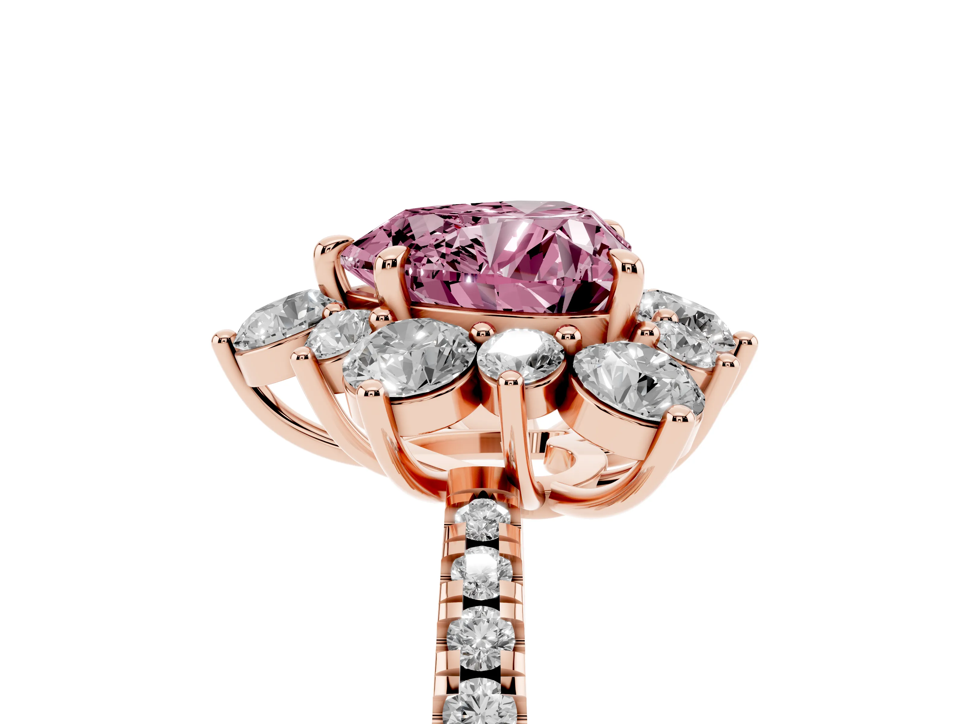 Fancy Pink Heart Cut Diamond Floral Halo Ring Set in Rose gold with Round Pavé Band and Prong Setting