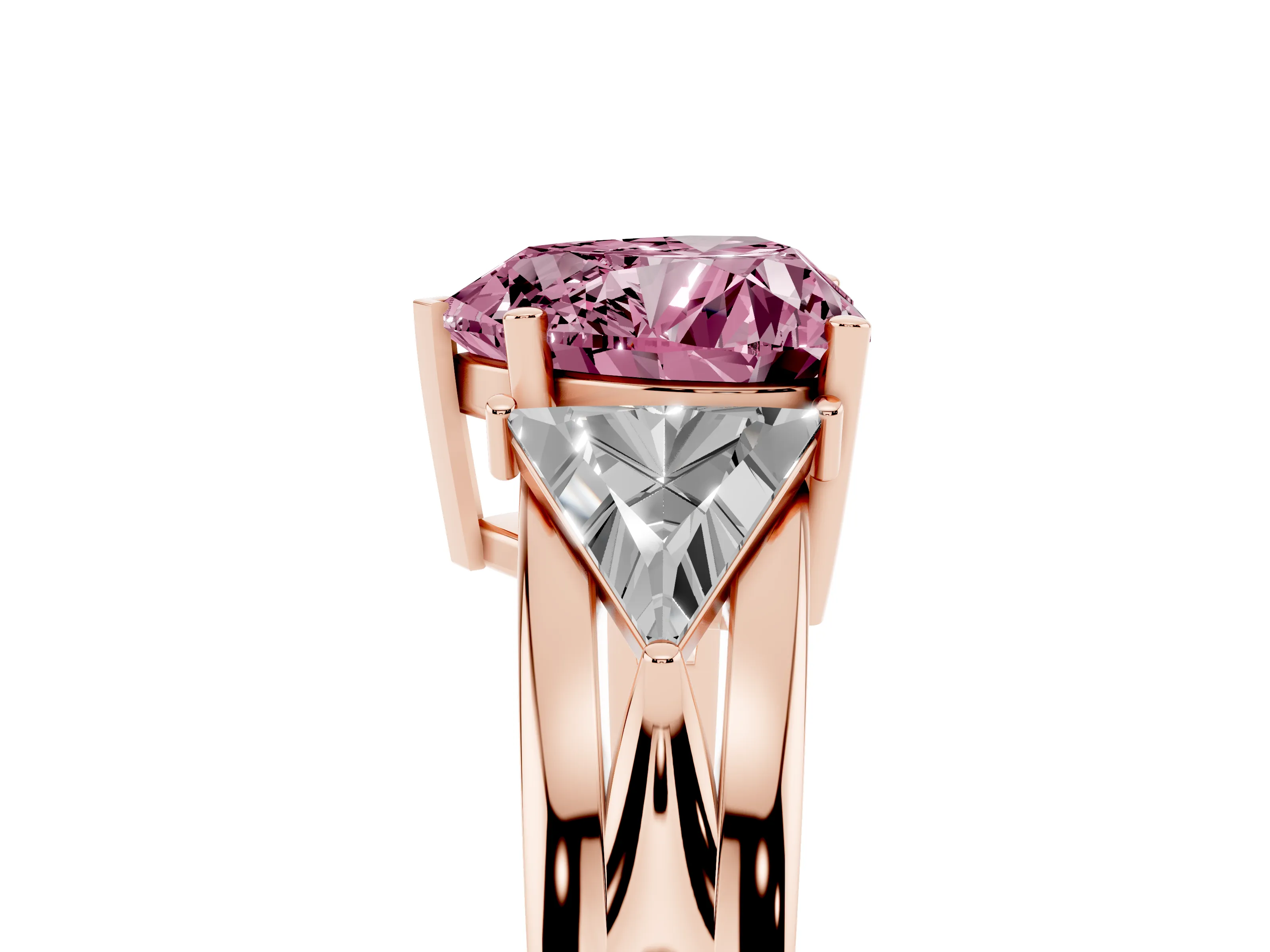 Fancy Pink Heart Cut Diamond Three-Stone Ring Set in Rose gold with Trillion Side Stones and Split Shank