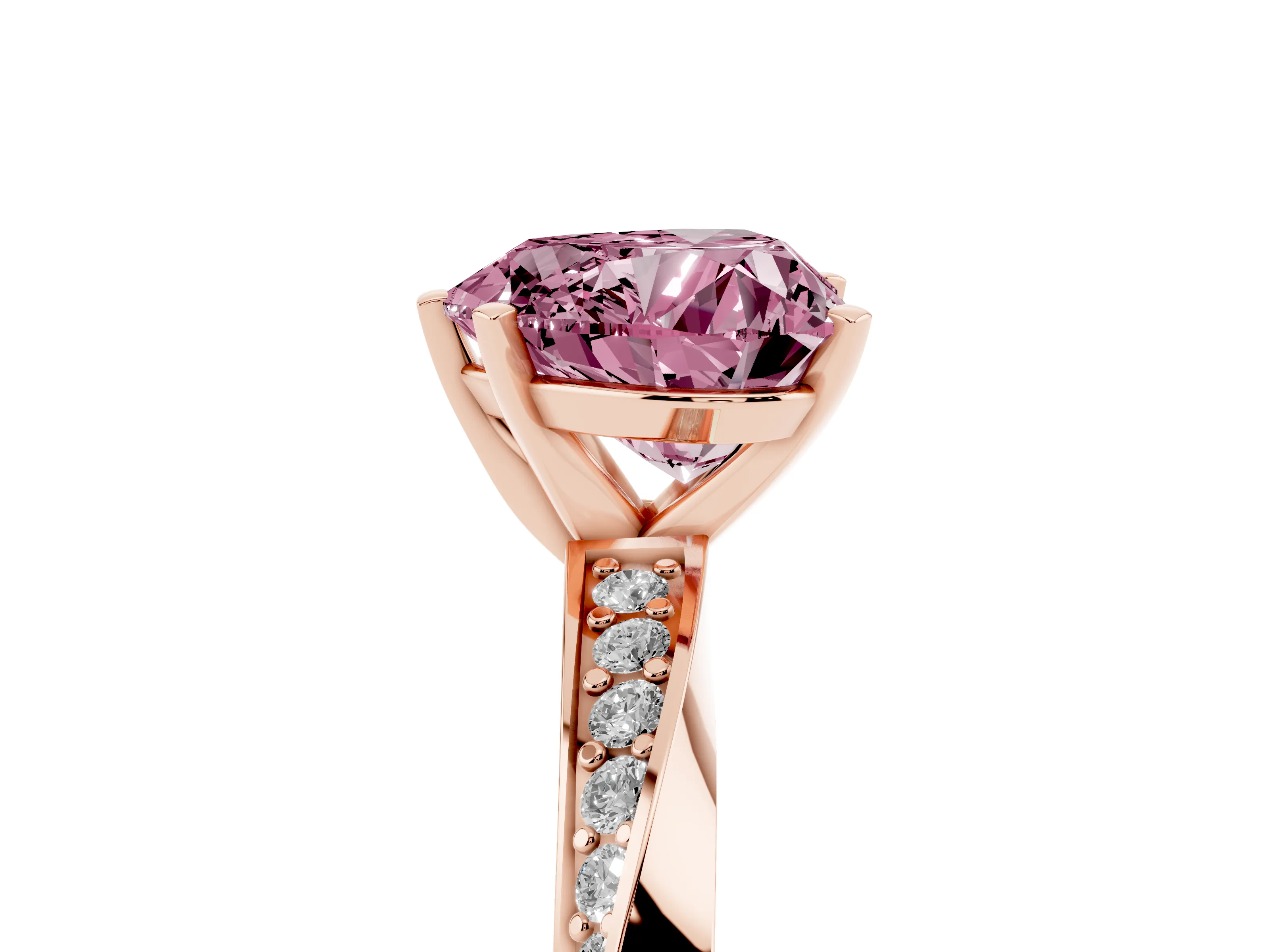 Fancy Pink Heart Cut Diamond Engagement Ring Set in Rose gold with Side Stone Accents and Prong Setting