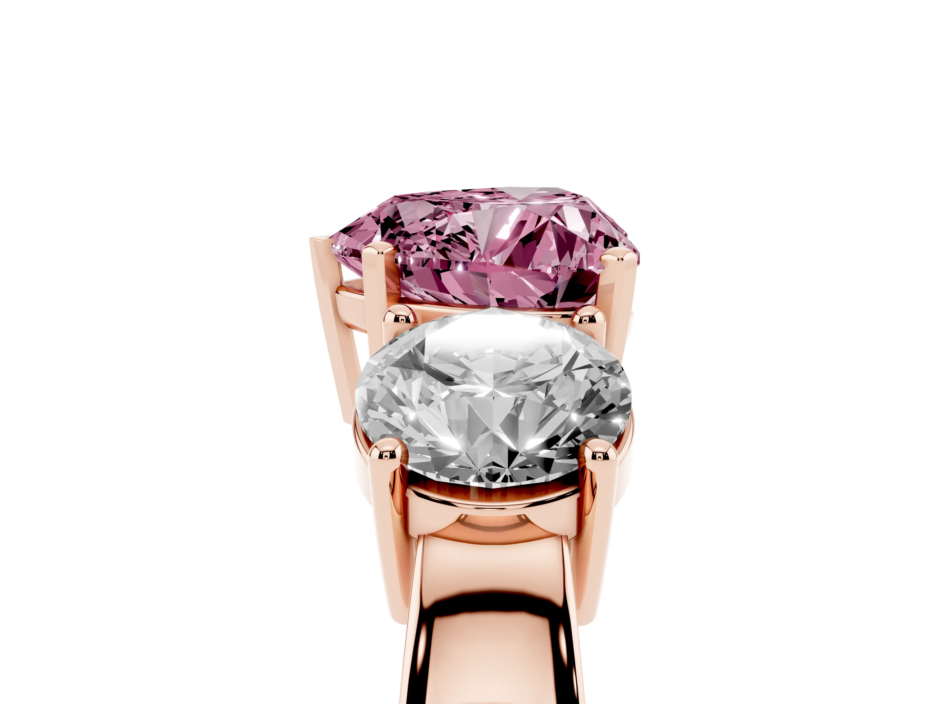 Fancy Pink Heart Cut Diamond Three-Stone Ring Set in Rose gold with Round Side Stones and Classic Band