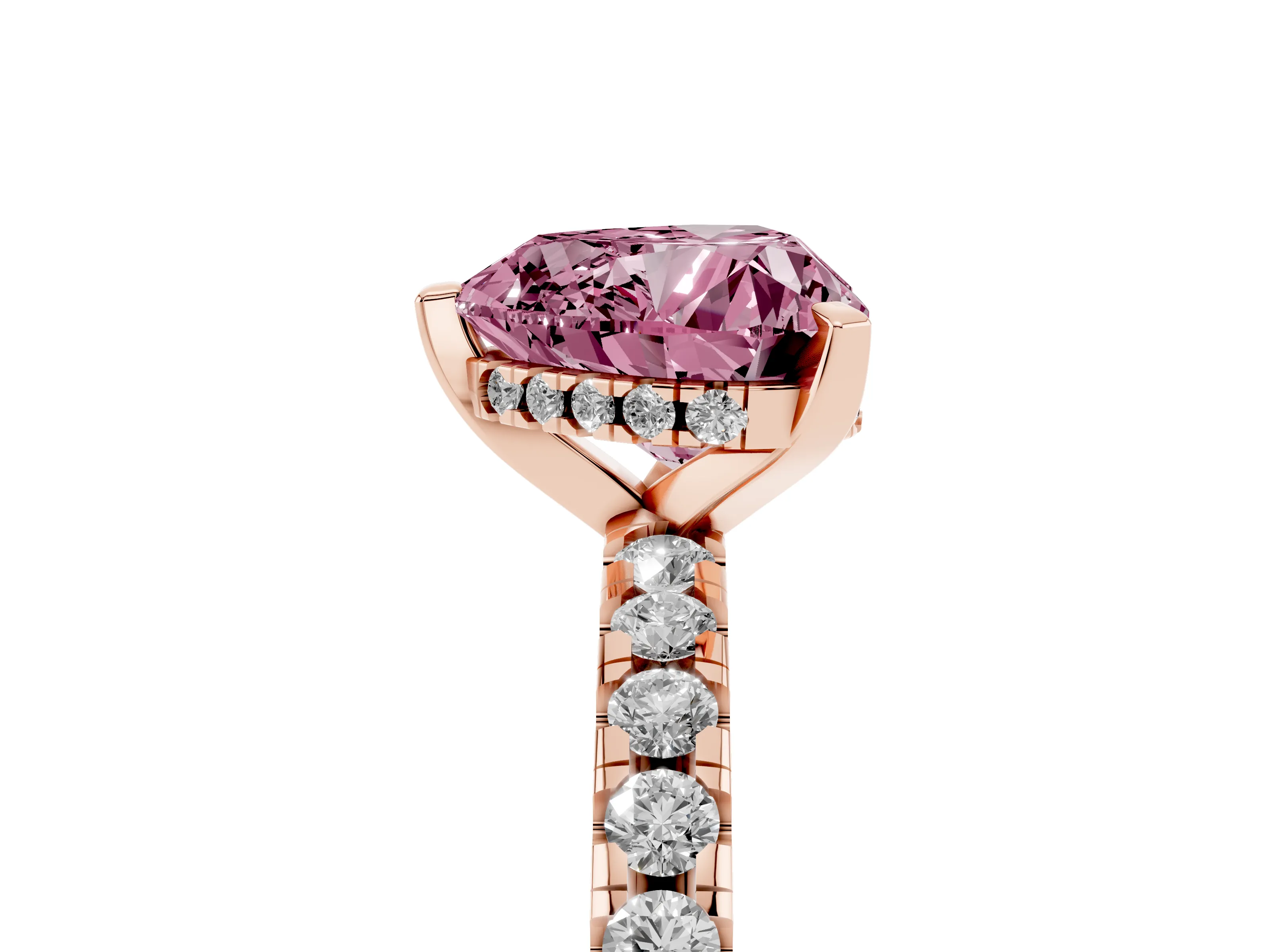 Fancy Pink Heart Cut Diamond Pavé Solitaire Ring Set in Rose gold with Round Band Accents and Prong Setting