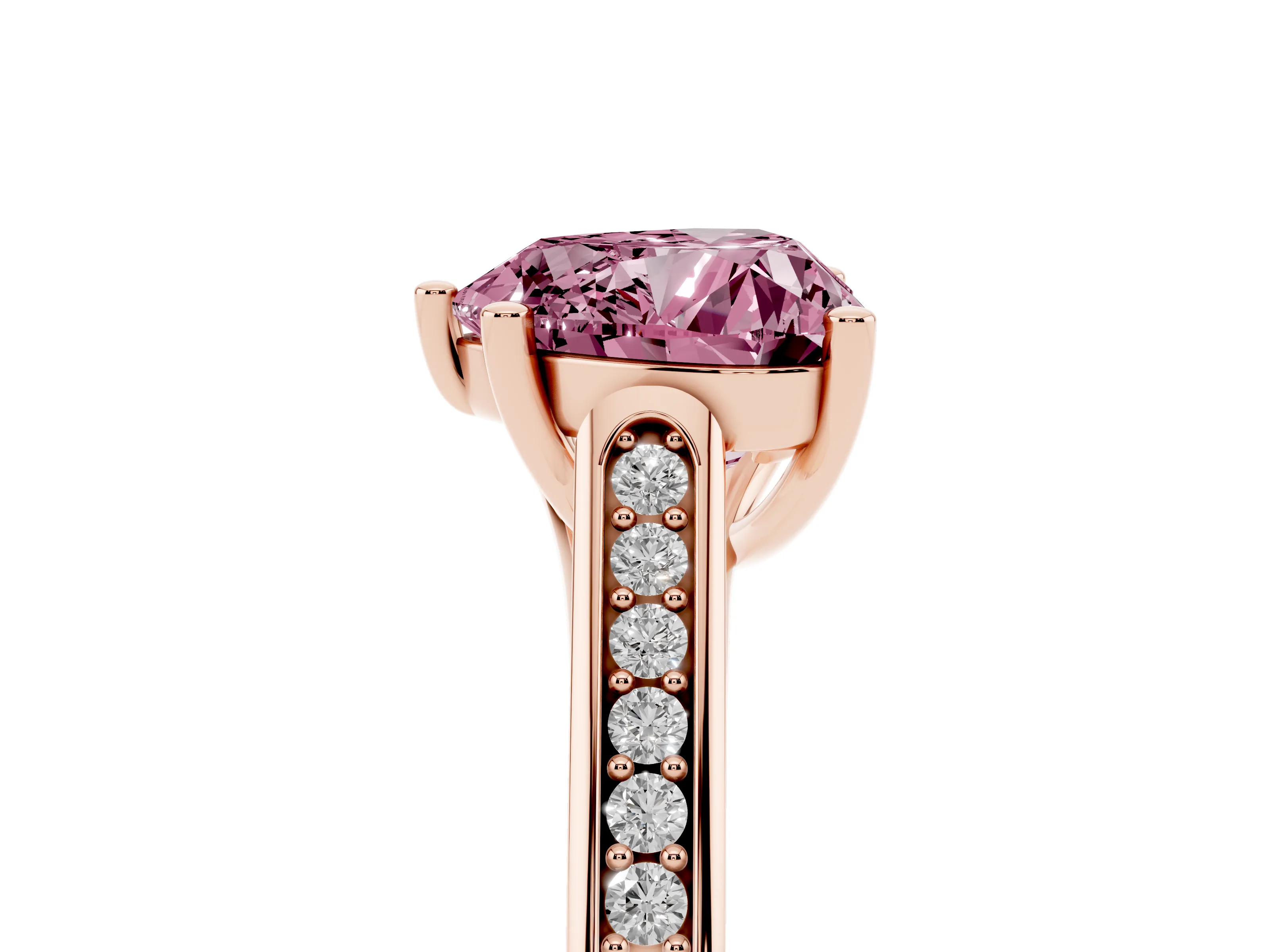 Fancy Pink Heart Cut Diamond Solitaire Cathedral Engagement Ring Set in Rose gold with Channel-Set Band and Prong Setting