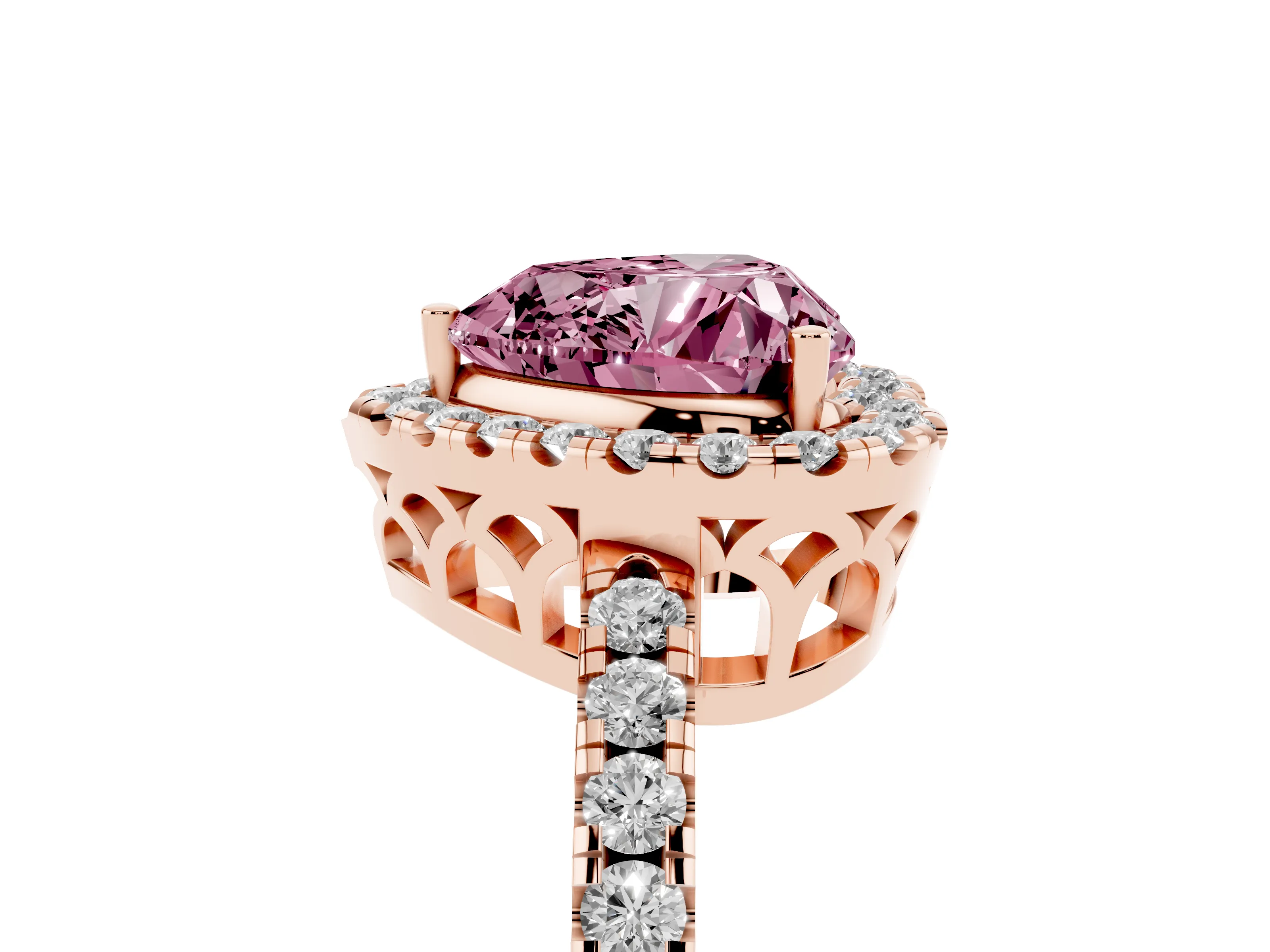 Fancy Pink Heart Cut Diamond Pavé Band Halo Engagement Ring Set in Rose gold with Prong Setting