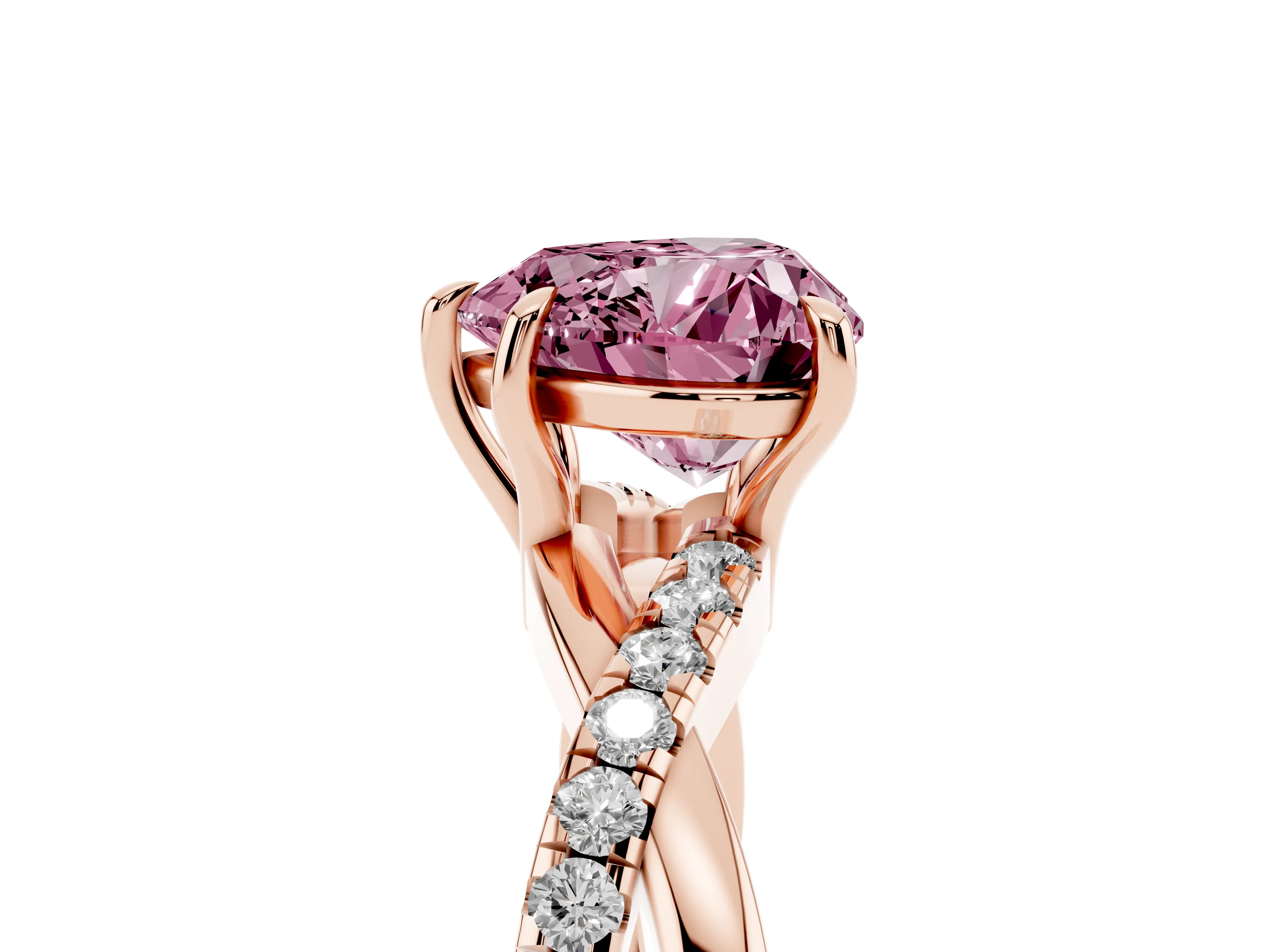 Fancy Pink Heart Cut Diamond Twisted Pavé Band Ring Set in Rose gold with Prong Setting