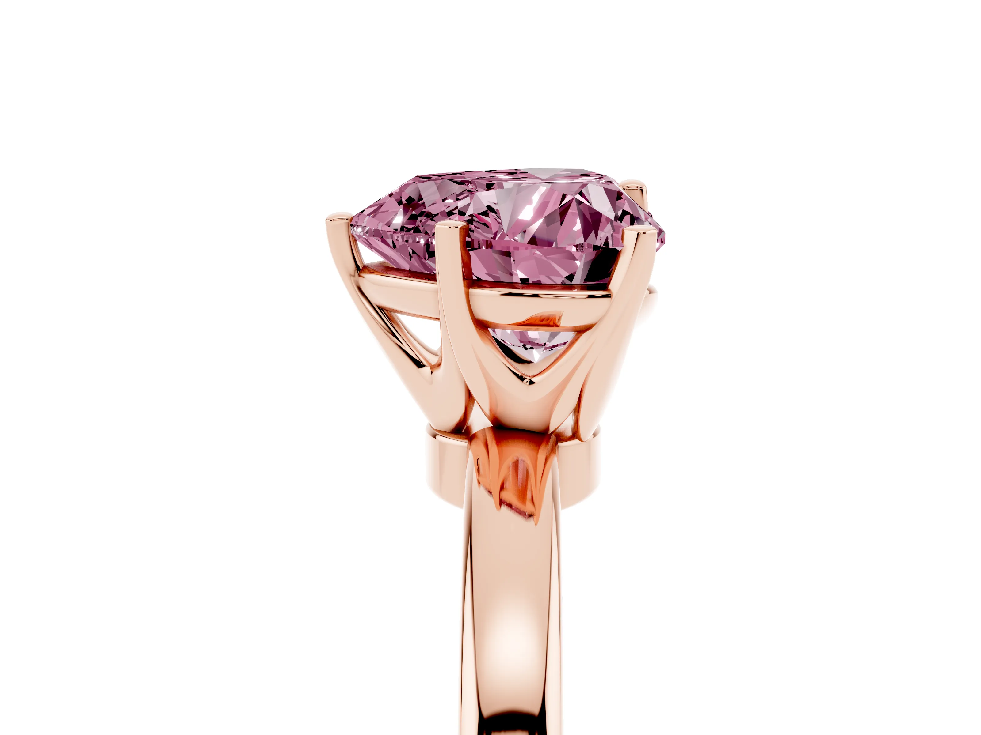 Fancy Pink Heart Cut Diamond Solitaire Ring Set in Rose gold with Raised Prong Setting on a Classic Band