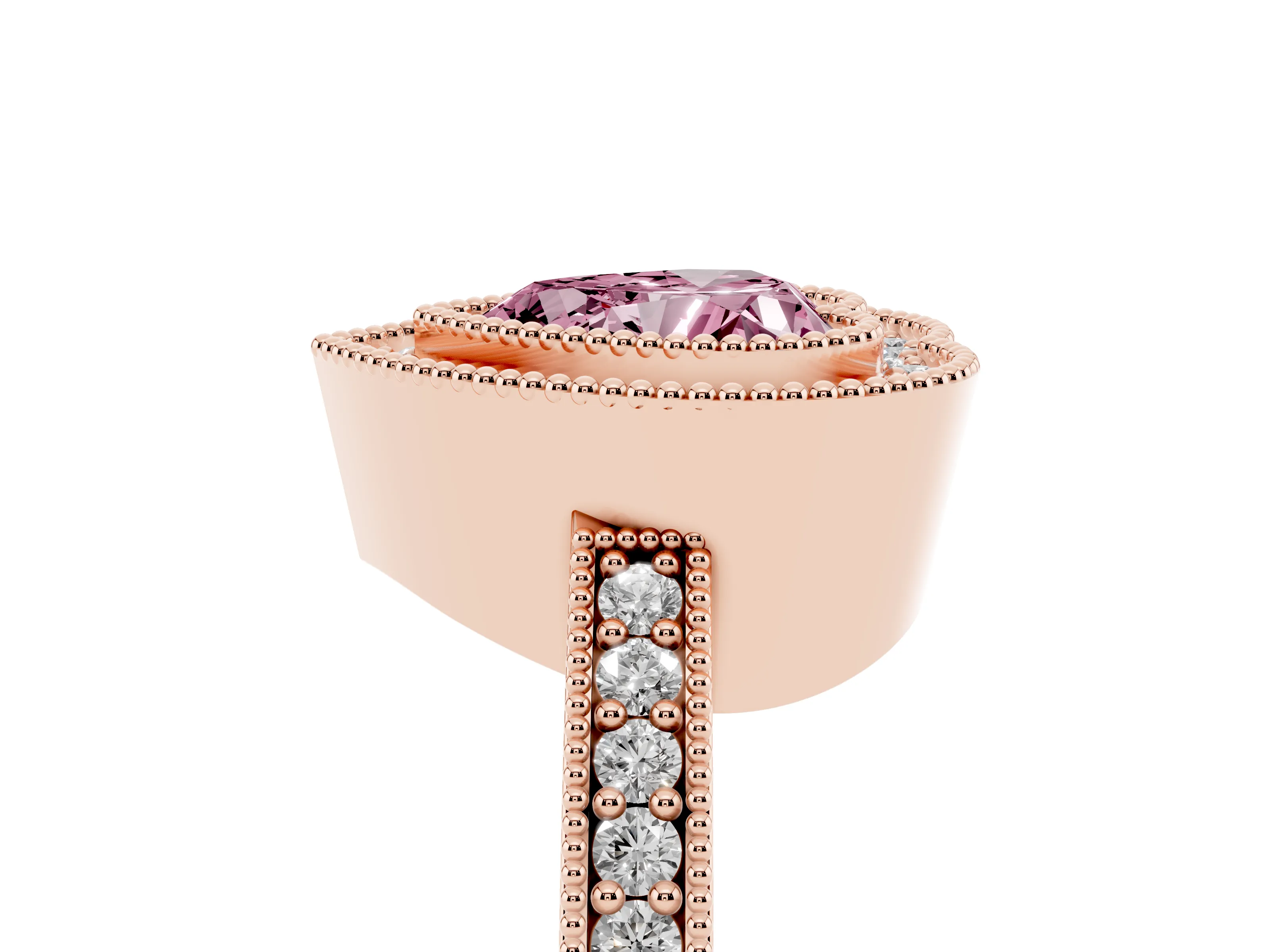 Fancy Pink Heart Cut Diamond Halo Engagement Ring Set in Rose gold with Pavé Band and Round Halo Stones