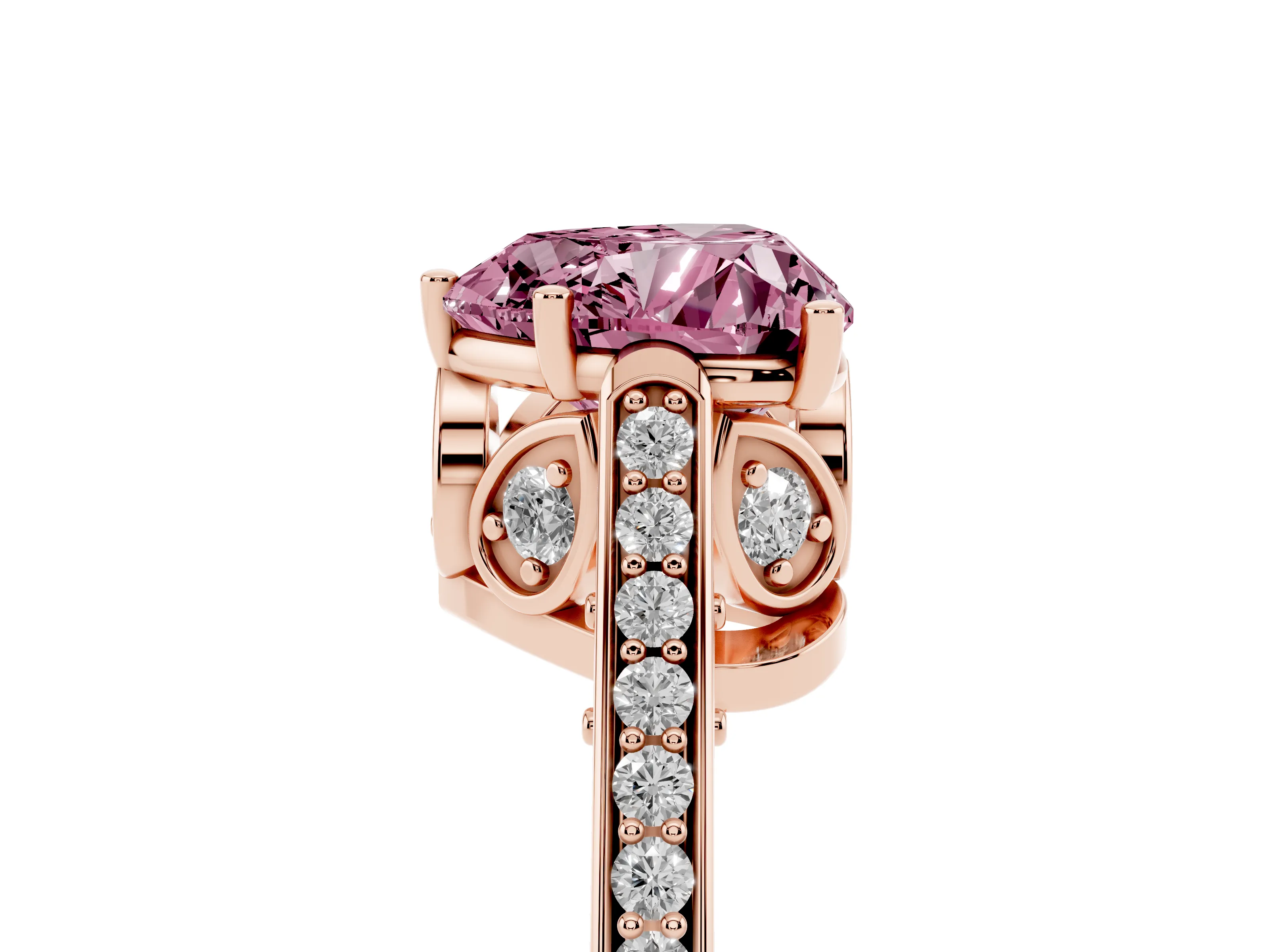 Fancy Pink Heart Cut Diamond Cathedral Pavé Engagement Ring Set in Rose gold with Prong Setting