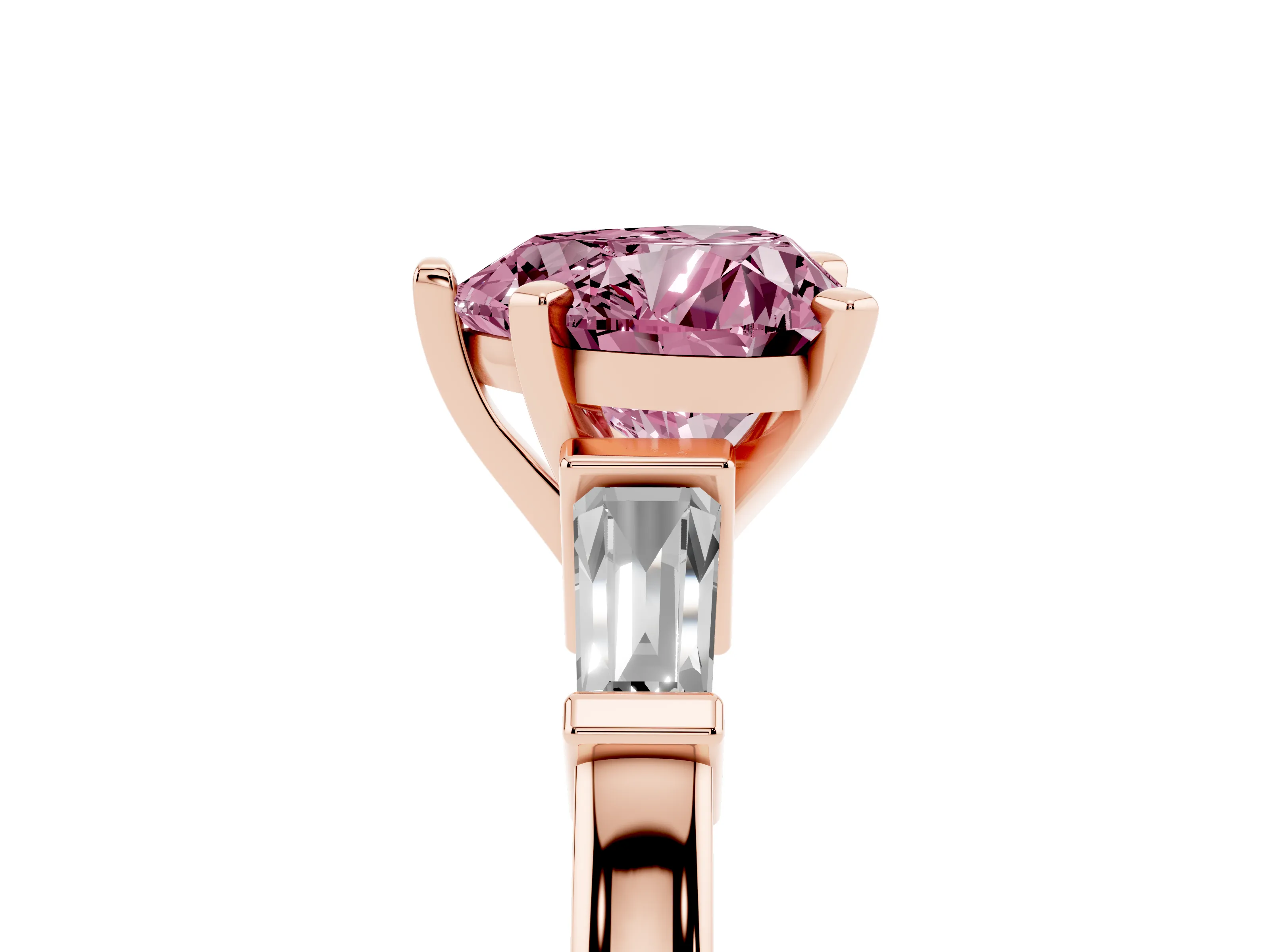 Fancy Pink Heart Cut Diamond Solitaire Ring Set in Rose gold with Tapered Baguette Accents and Prong Setting