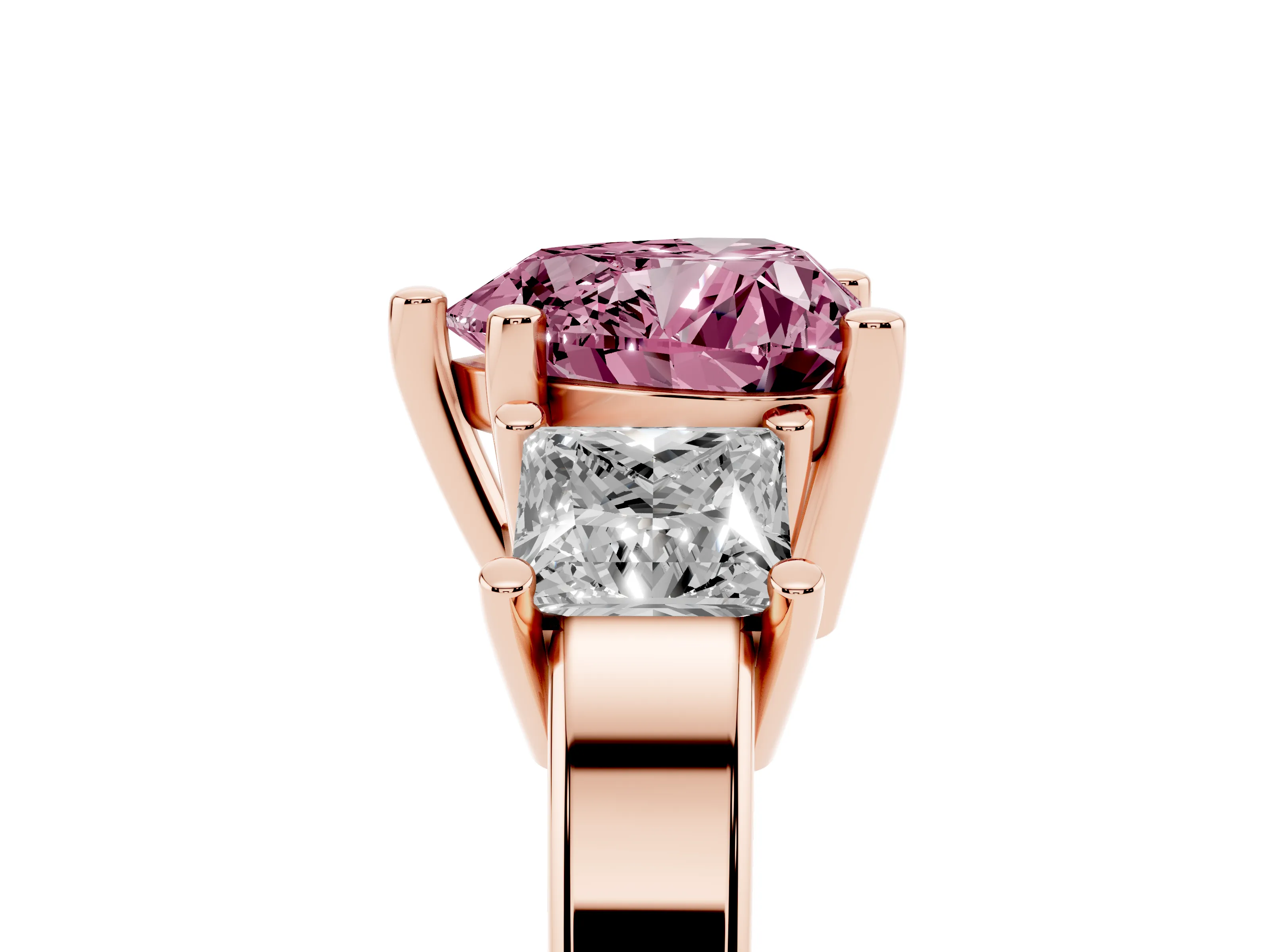 Fancy Pink Three-Stone Heart Cut Diamond Solitaire Ring Set in Rose gold with Prong Setting