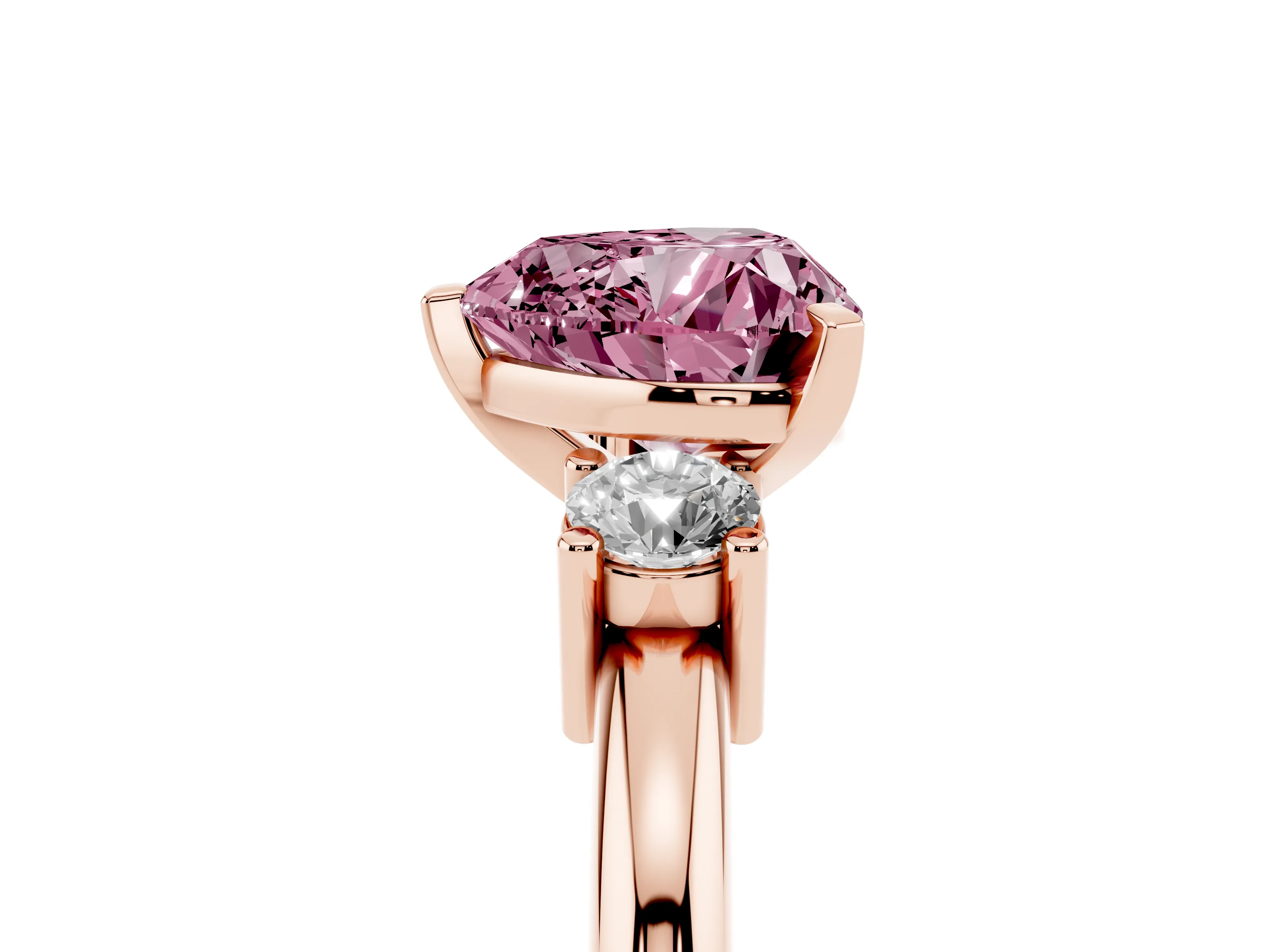 Fancy Pink Three-Stone Heart Cut Diamond Ring Set in Rose gold with Prong Setting and Plain Band