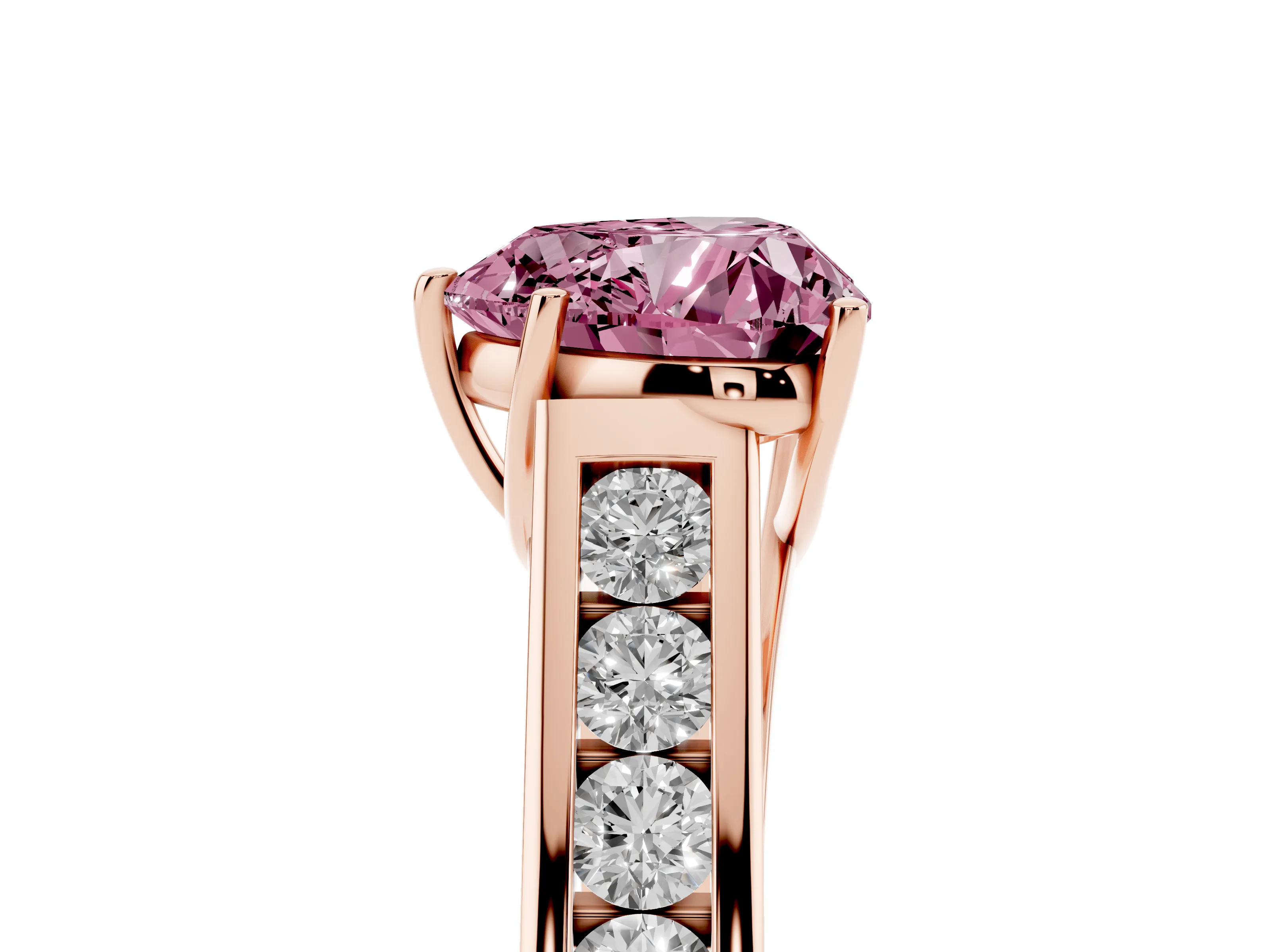 Fancy Pink Heart Cut Diamond Solitaire Channel-Set Engagement Ring Set in Rose gold with Prong Setting