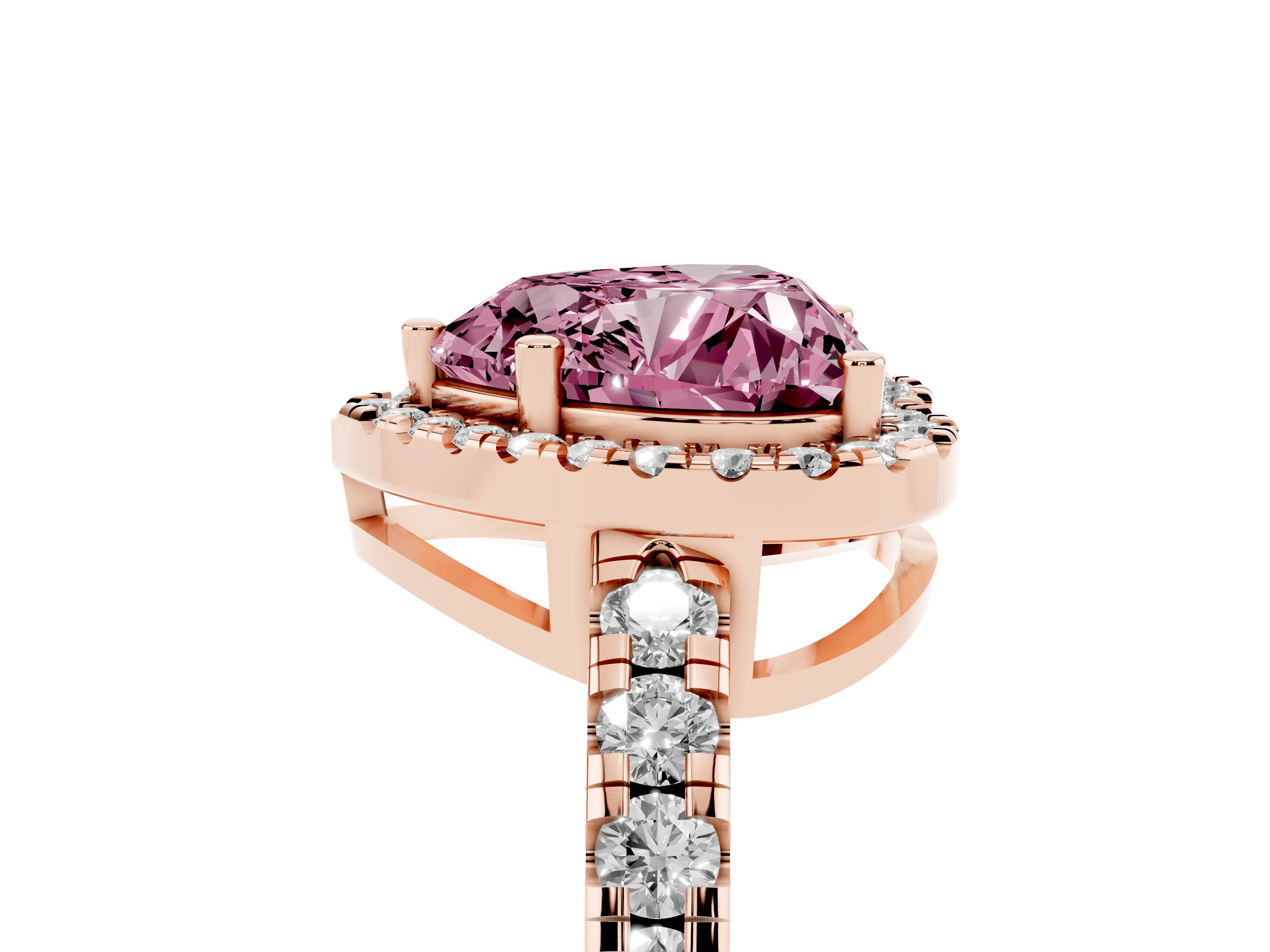 Fancy Pink Heart Cut Diamond Halo Ring Set in Rose gold with Delicate Pavé Band and Prong Setting