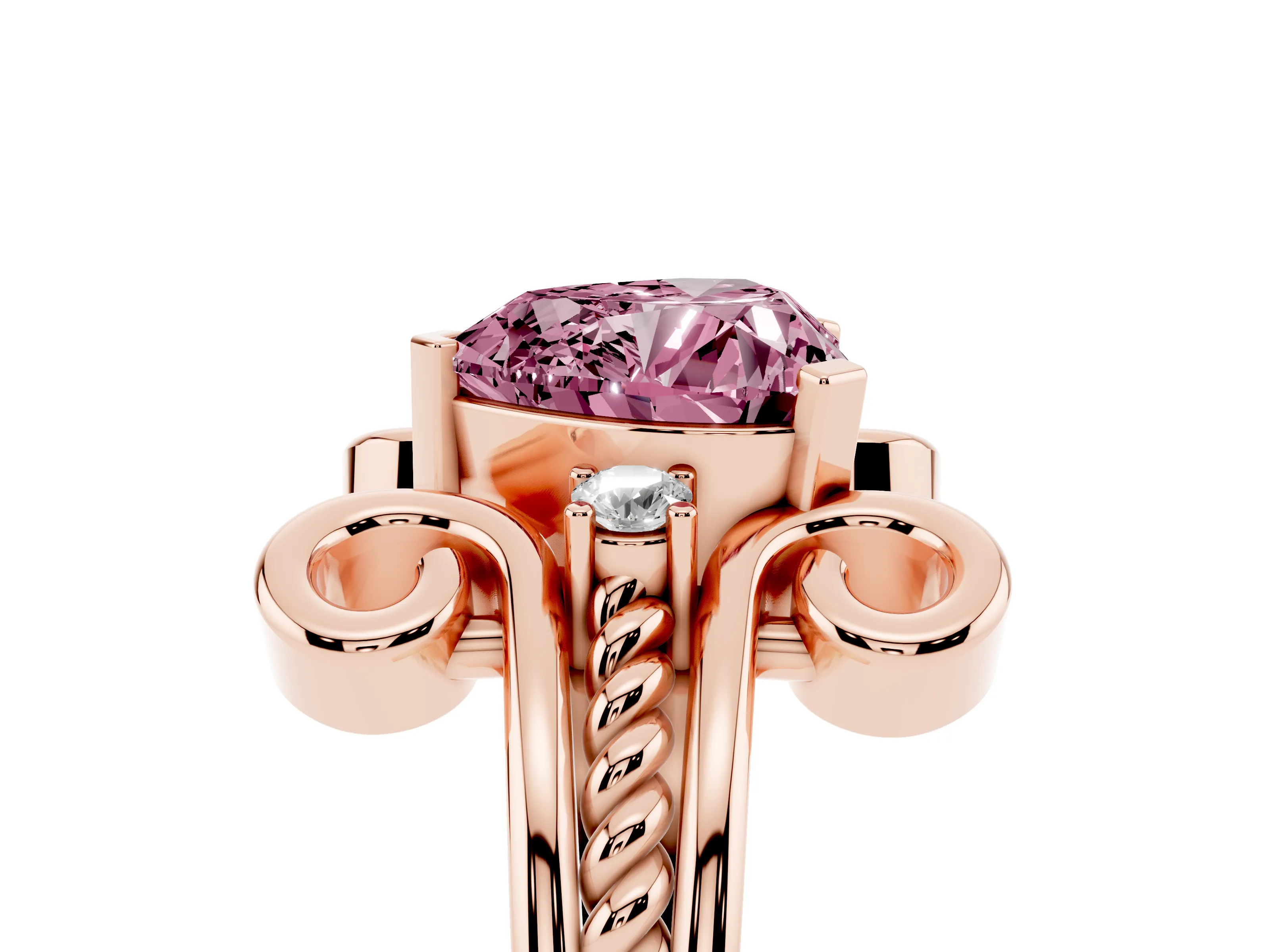 Fancy Pink Heart Cut Diamond Twisted Band Solitaire Ring Set in Rose gold with Scroll Prongs