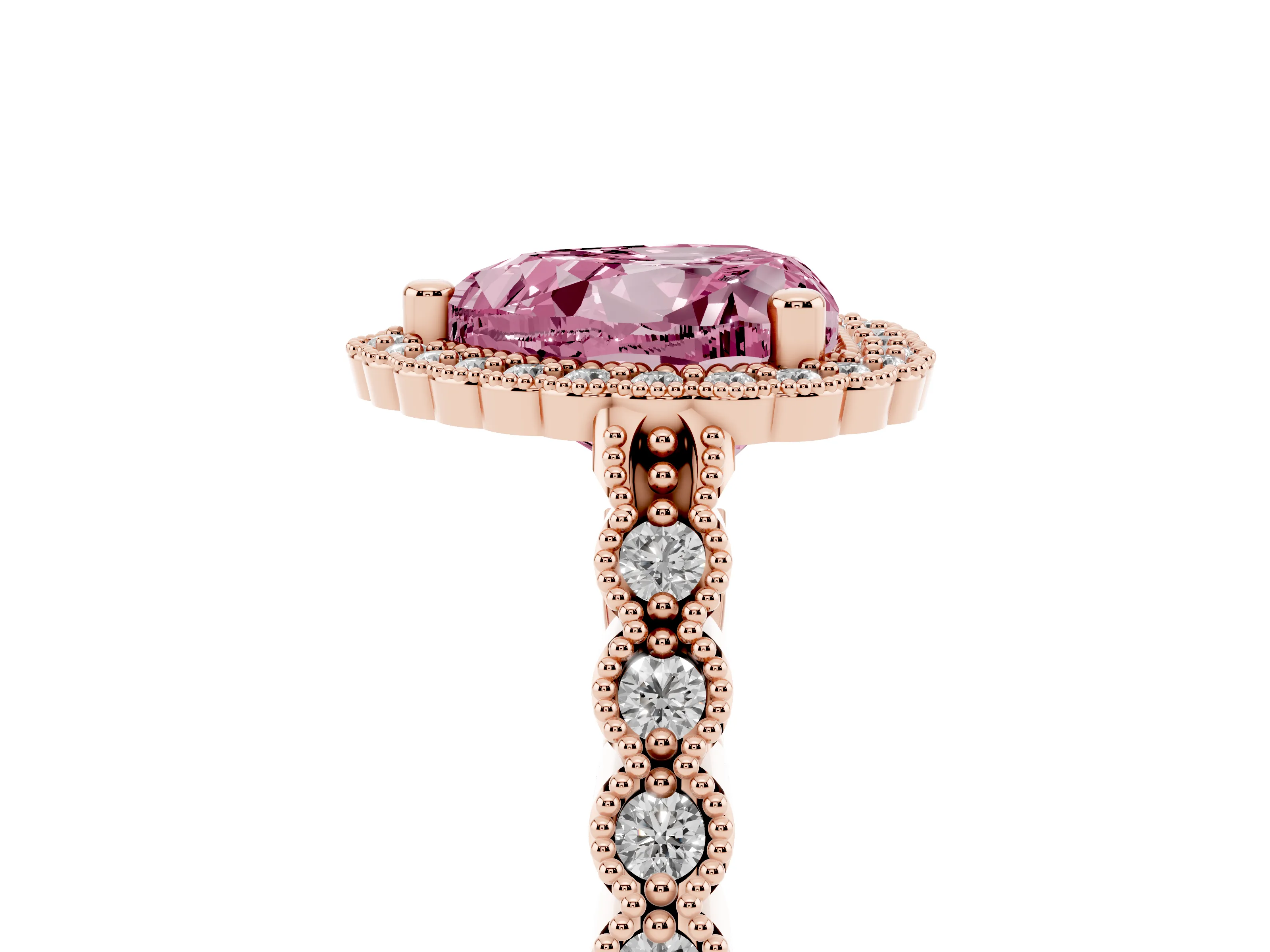Fancy Pink Heart Cut Diamond Halo Ring Set in Rose gold with Pavé Milgrain Band