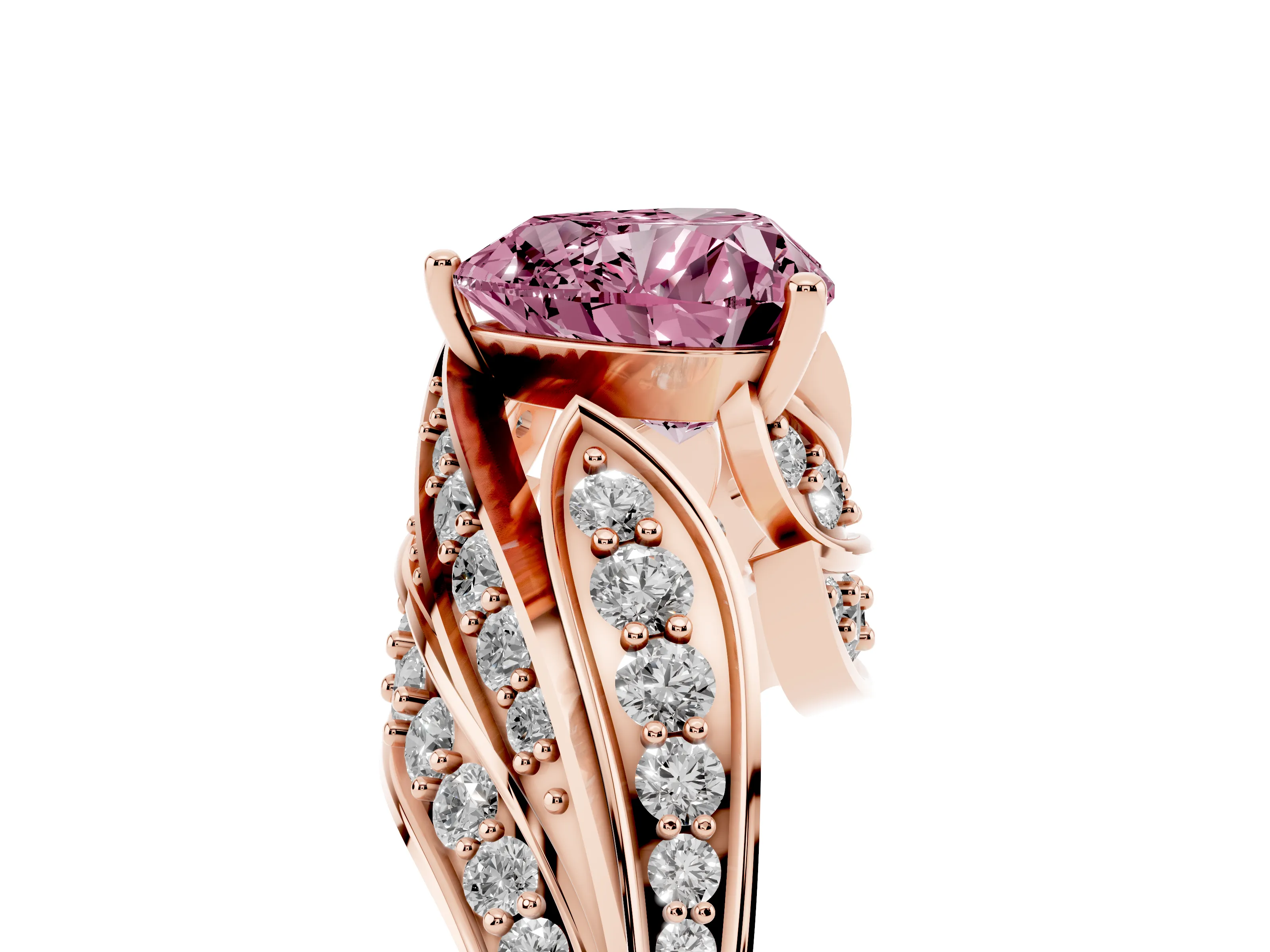 Fancy Pink Heart Cut Diamond Solitaire Ring Set in Rose gold with Layered Twist Pavé Band