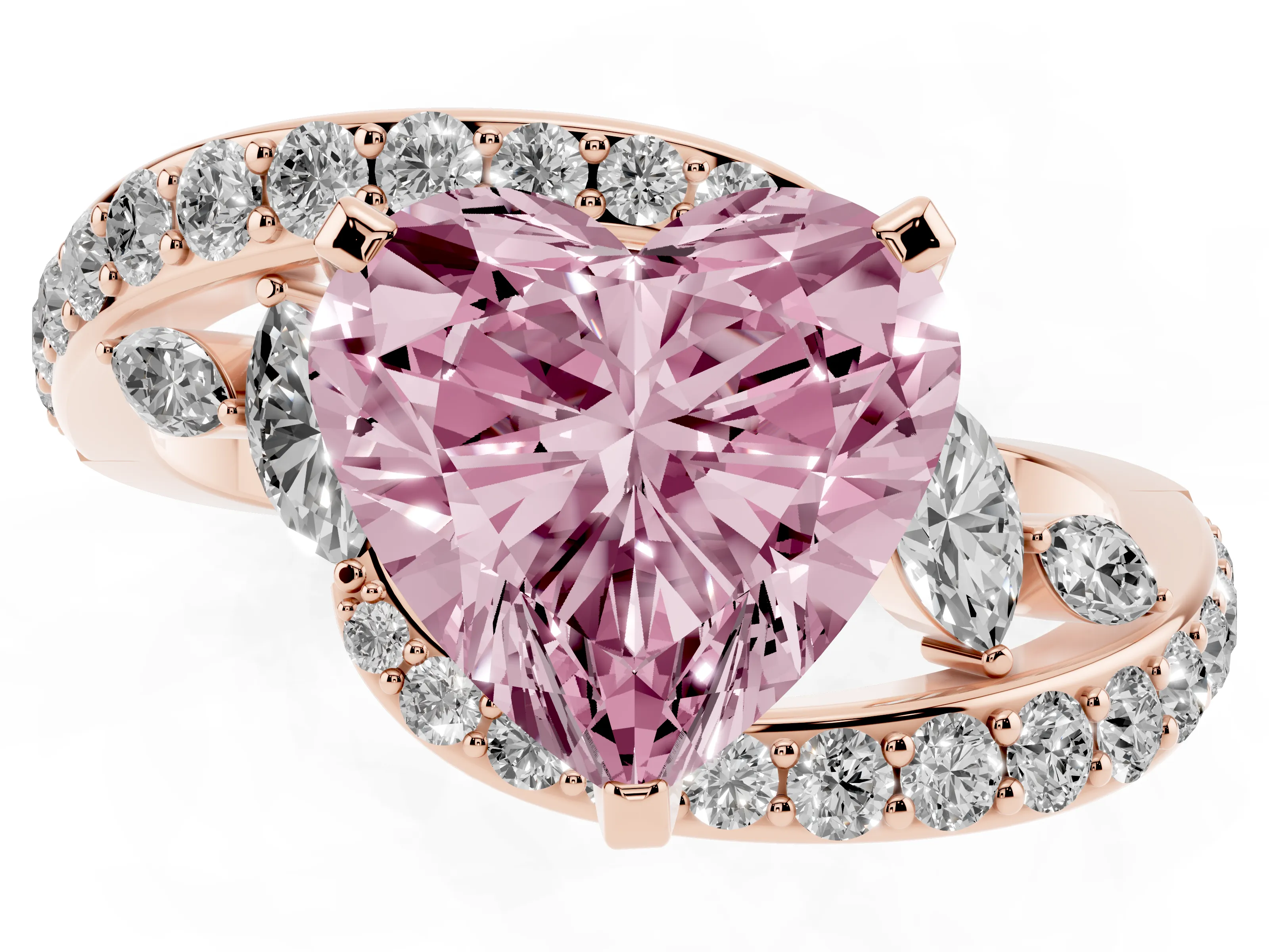 Fancy Pink Heart Cut Diamond Solitaire Ring Set in Rose gold with Pavé Twist Band and Secure Prong Setting