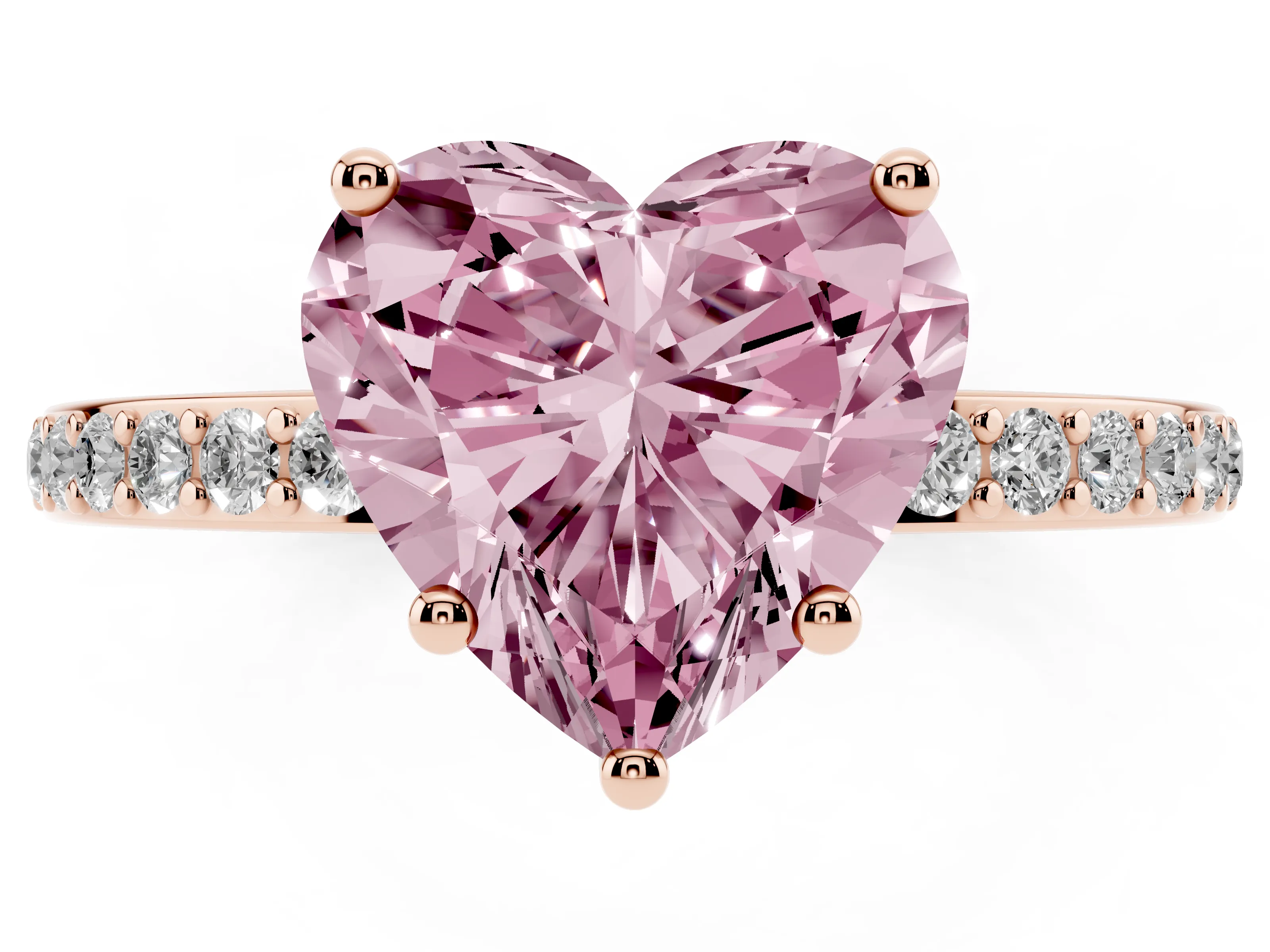 Fancy Pink Heart Cut Diamond Pavé Band Ring Set in Rose gold with Prong-Set Center Stone