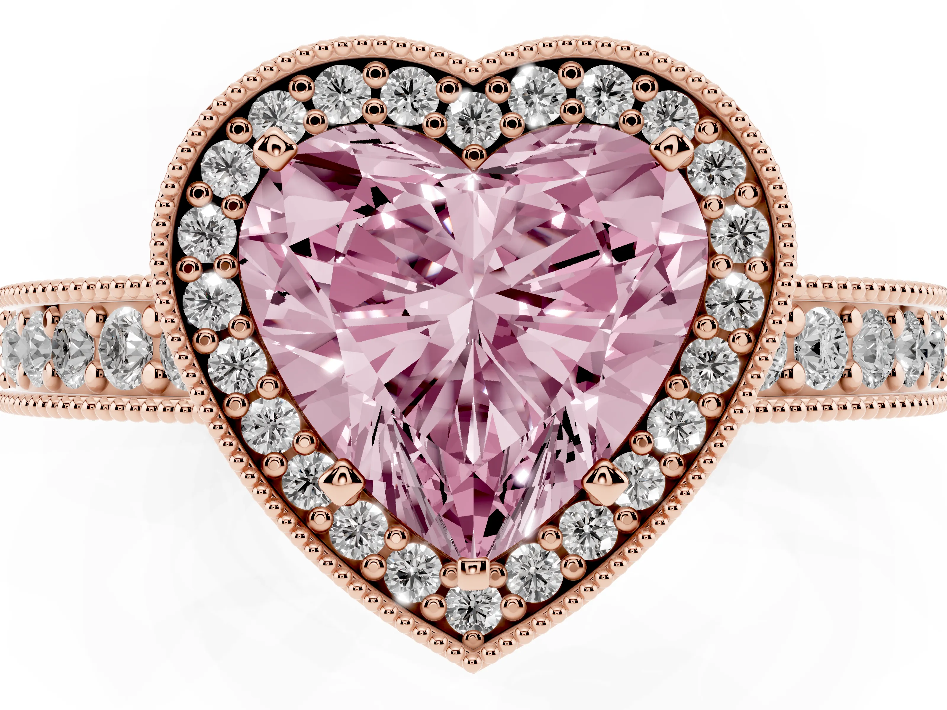 Fancy Pink Heart Cut Diamond Halo Pavé Band Ring Set in Rose gold with Prong-Set Center