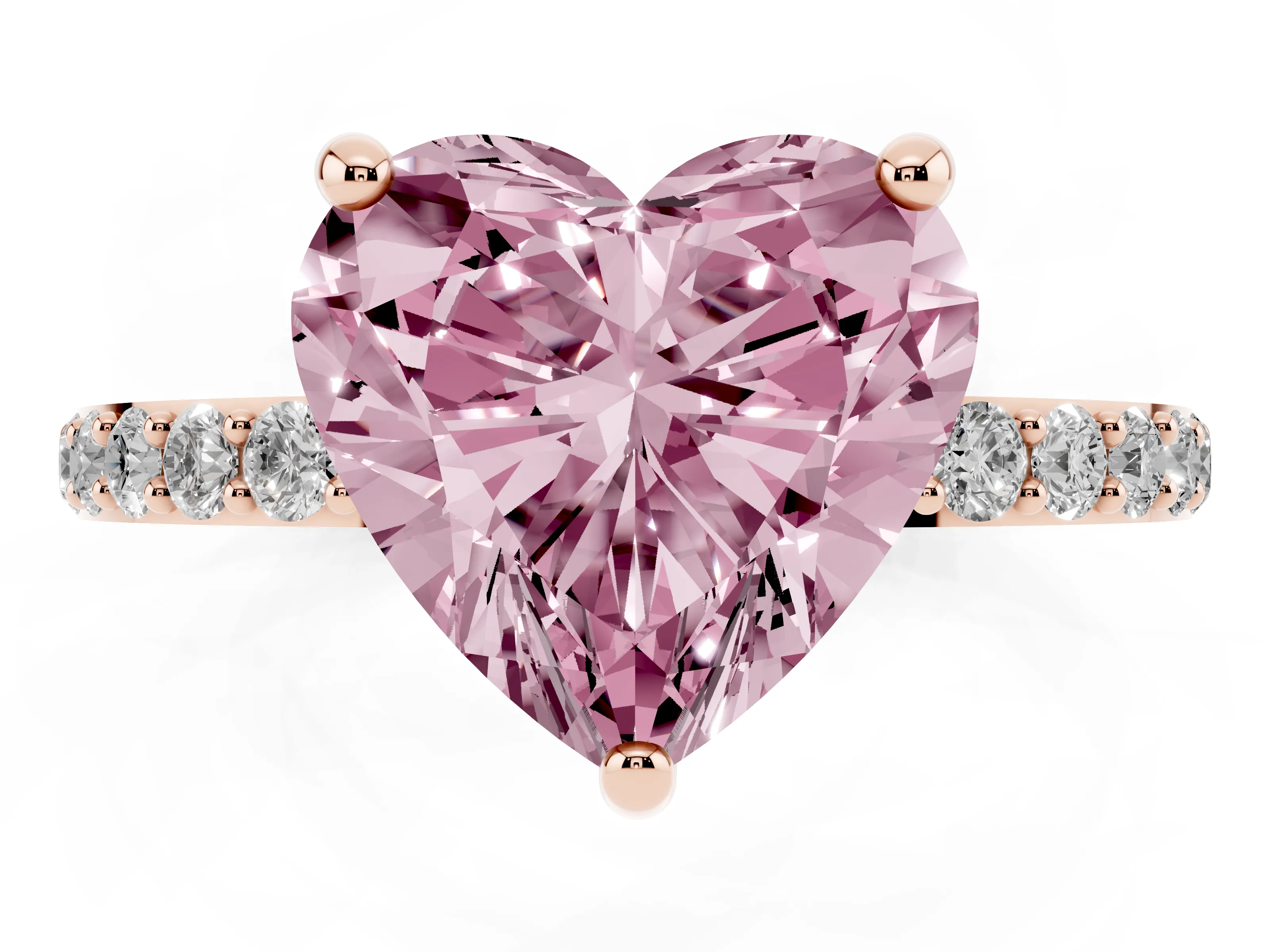 Fancy Pink Heart Cut Diamond Solitaire Ring Set in Rose gold with Round Pavé Band and Prong Setting