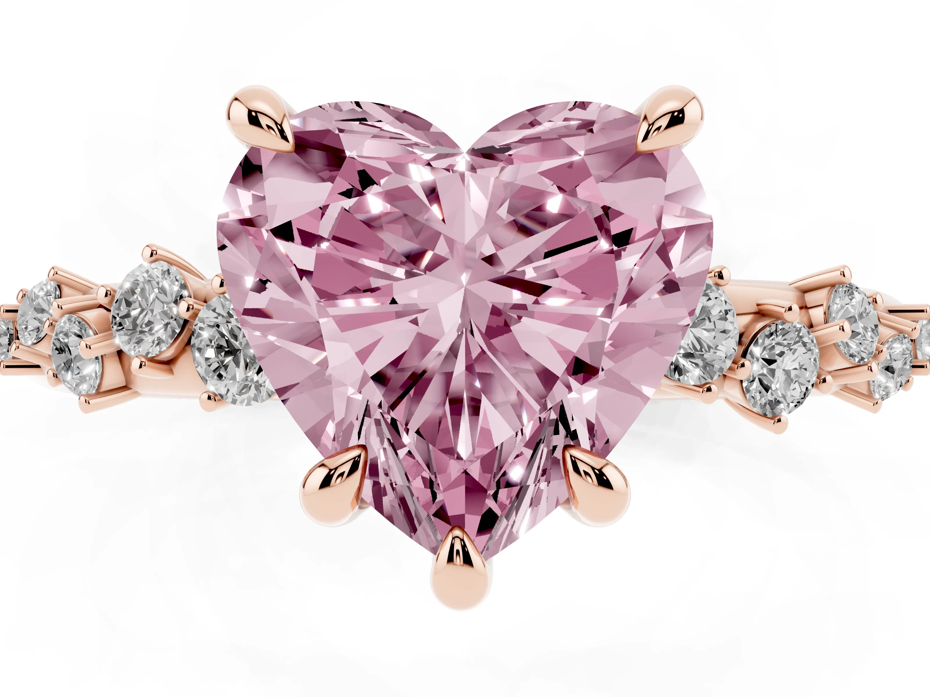 Fancy Pink Heart Cut Diamond Solitaire Vine Band Ring Set in Rose gold with Round Accents and Prong Setting