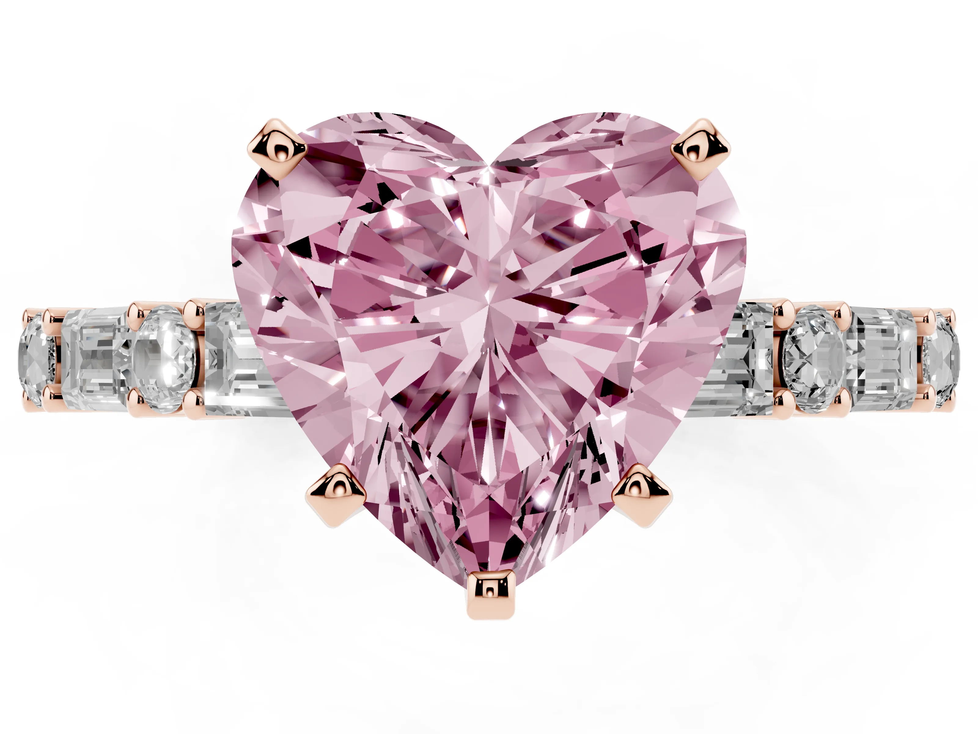 Fancy Pink Heart Cut Diamond Solitaire Set in Rose gold with Side Baguettes and Channel Set Band
