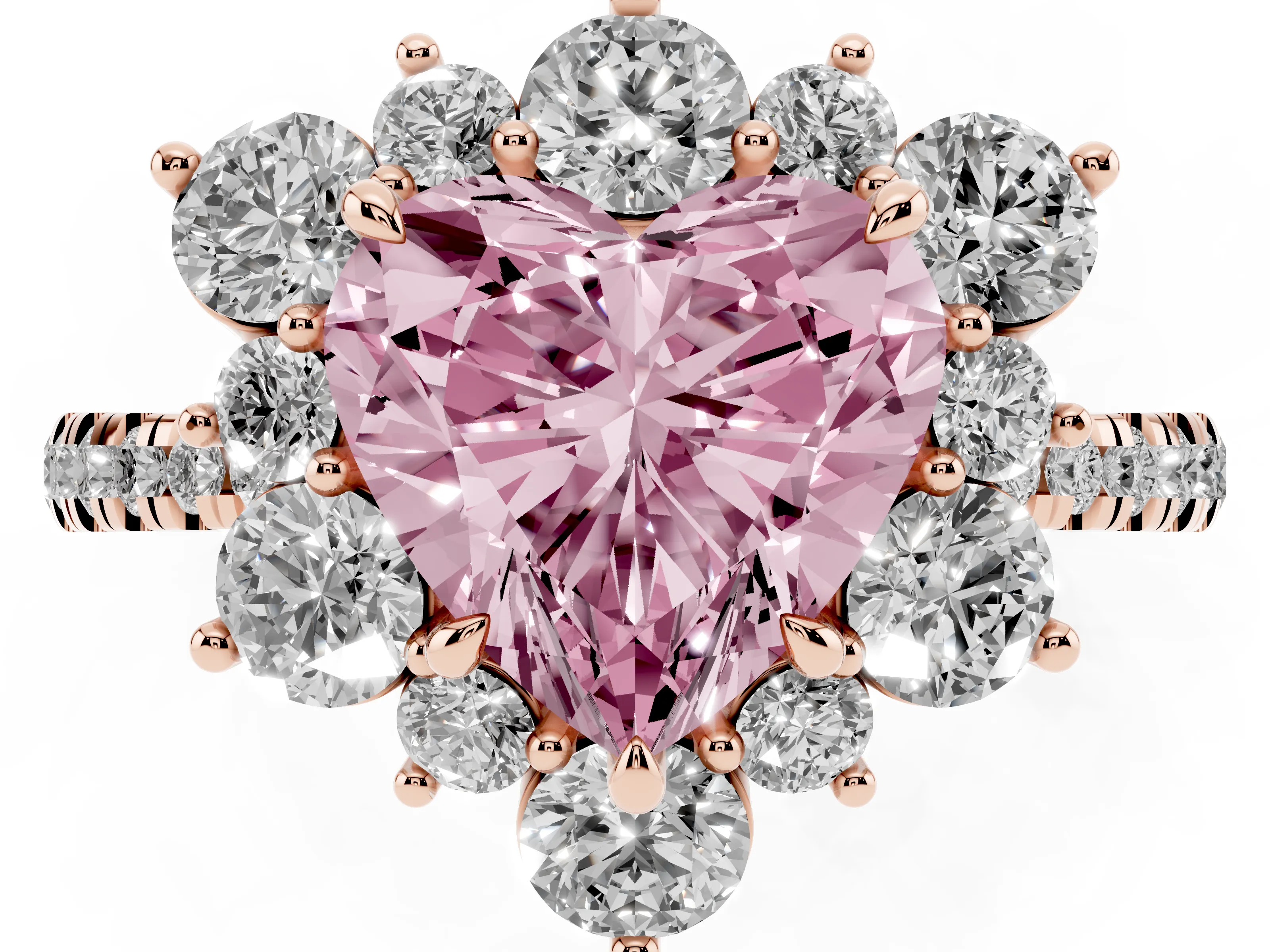 Fancy Pink Heart Cut Diamond Floral Halo Ring Set in Rose gold with Round Pavé Band and Prong Setting
