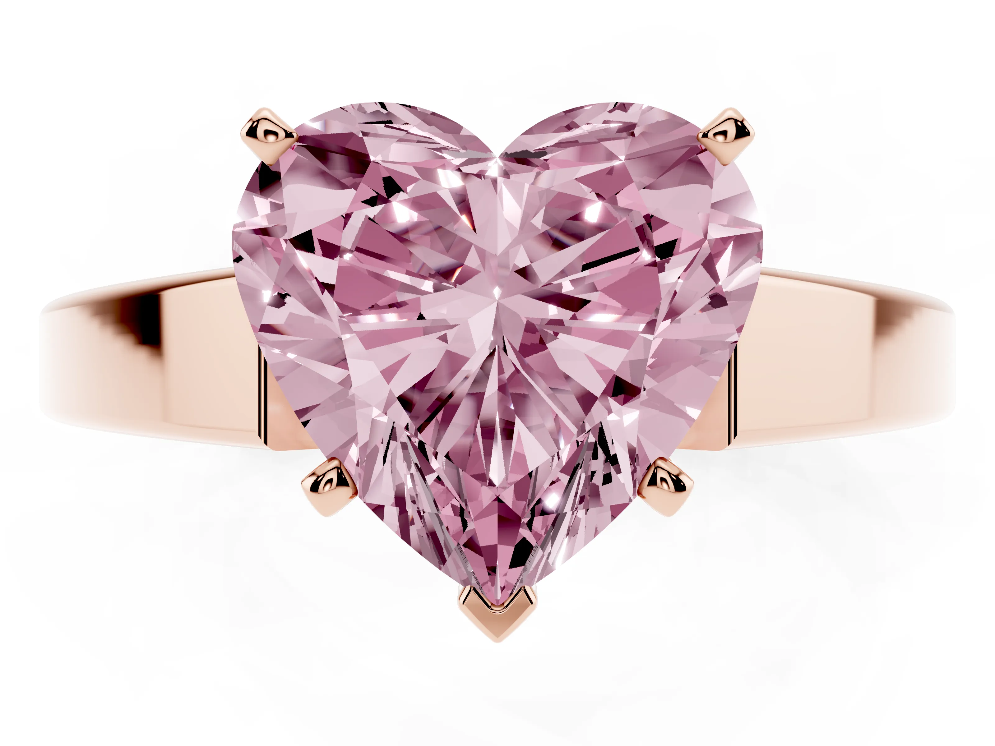 Fancy Pink Heart Cut Diamond Solitaire Engagement Ring Set in Rose gold with Prong Setting and Tapered Band