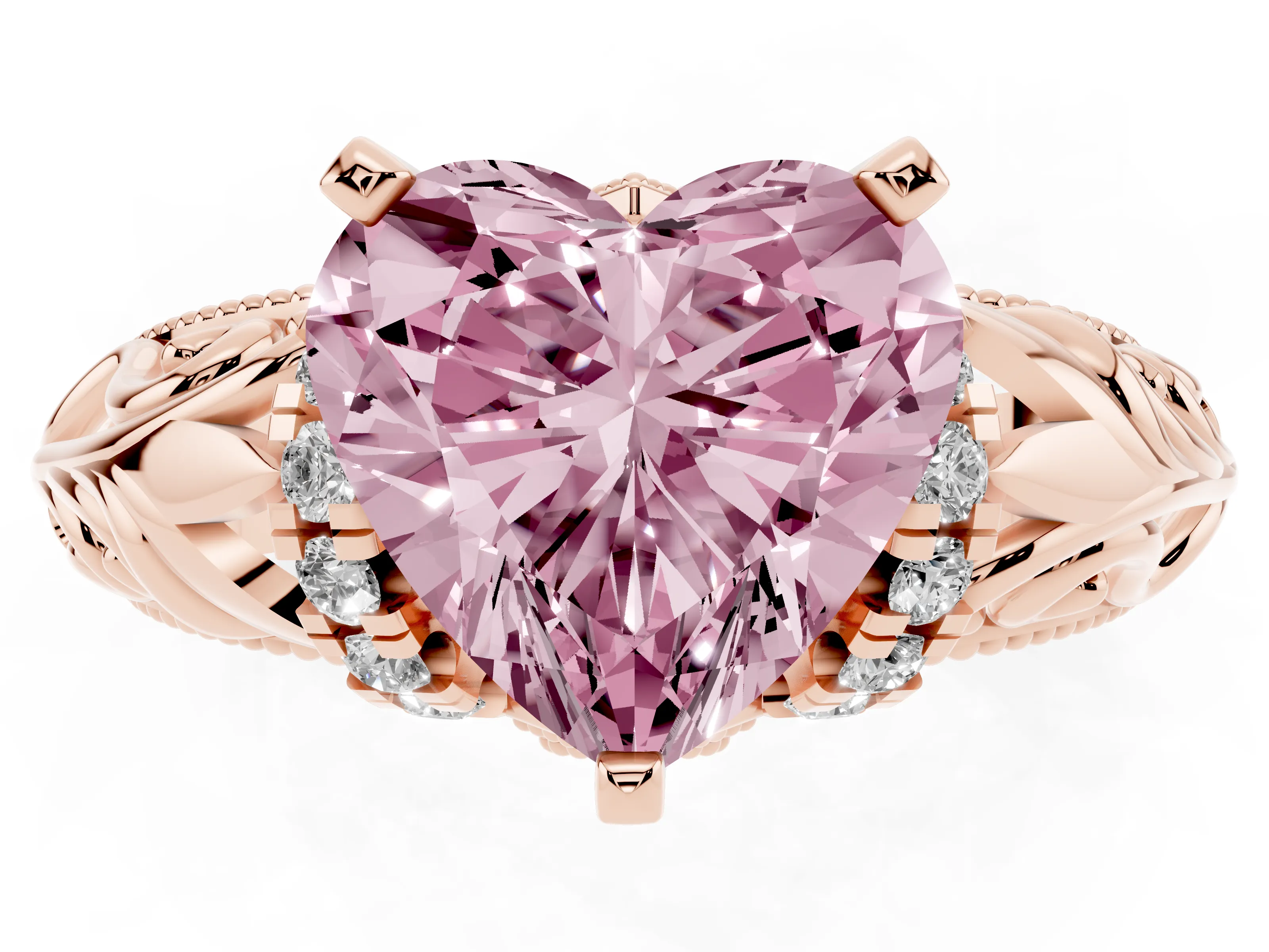 Fancy Pink Heart Cut Diamond Filigree Halo Engagement Ring Set in Rose gold with Prong Setting