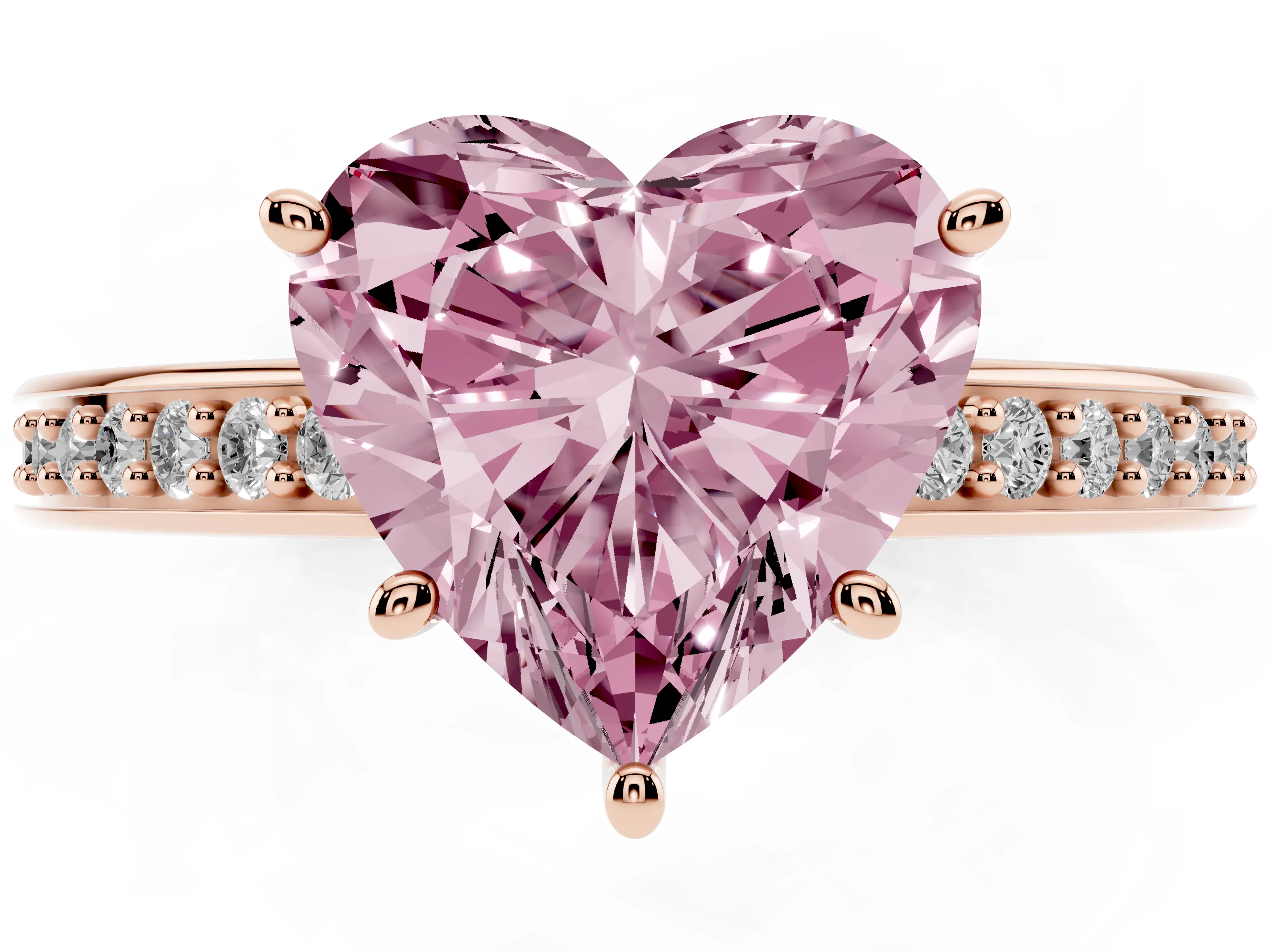 Fancy Pink Heart Cut Diamond Pavé Band Prong Set Solitaire Ring Set in Rose gold