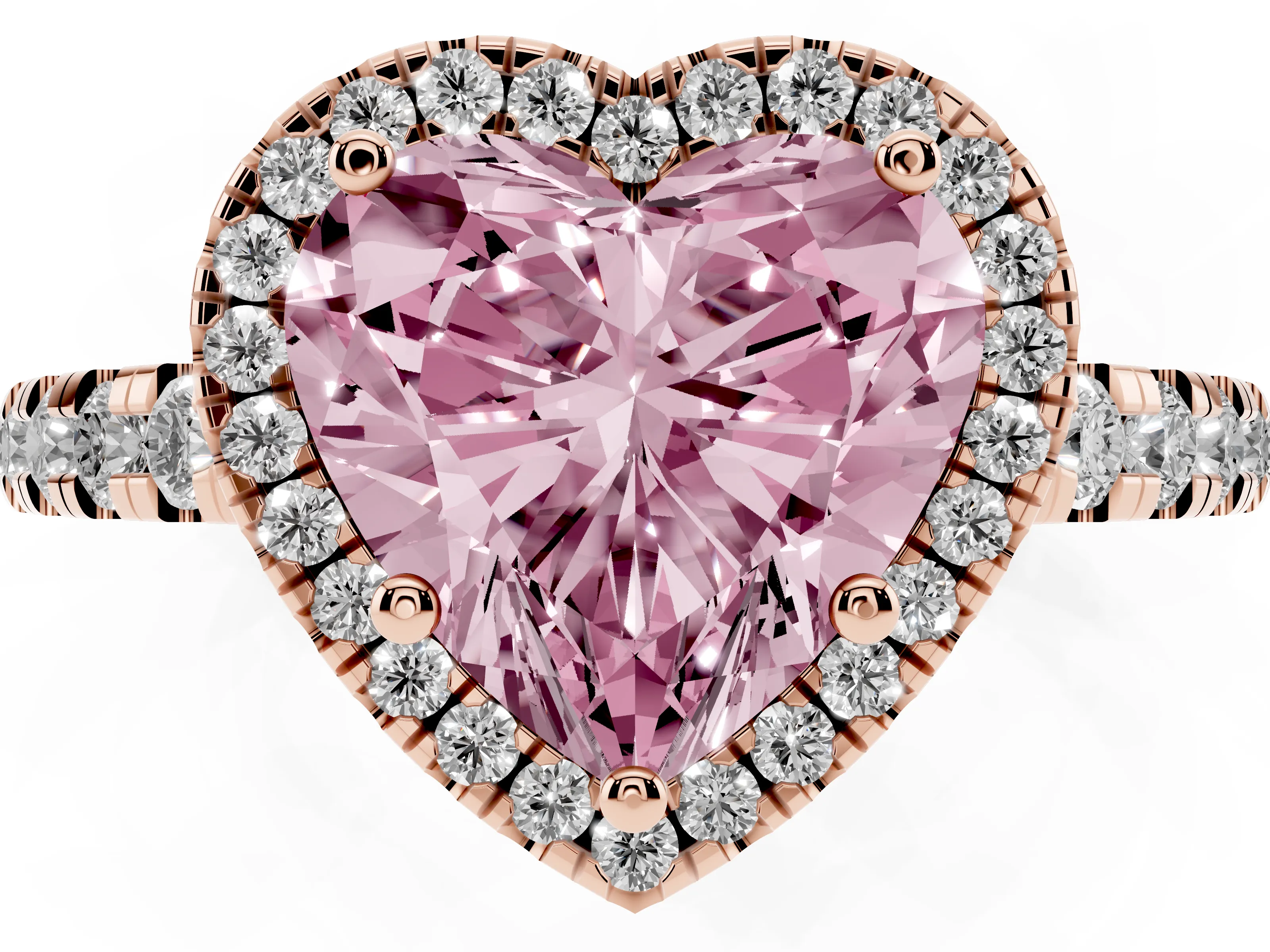 Fancy Pink Heart Cut Diamond Halo Ring Set in Rose gold with Delicate Pavé Band and Prong Setting