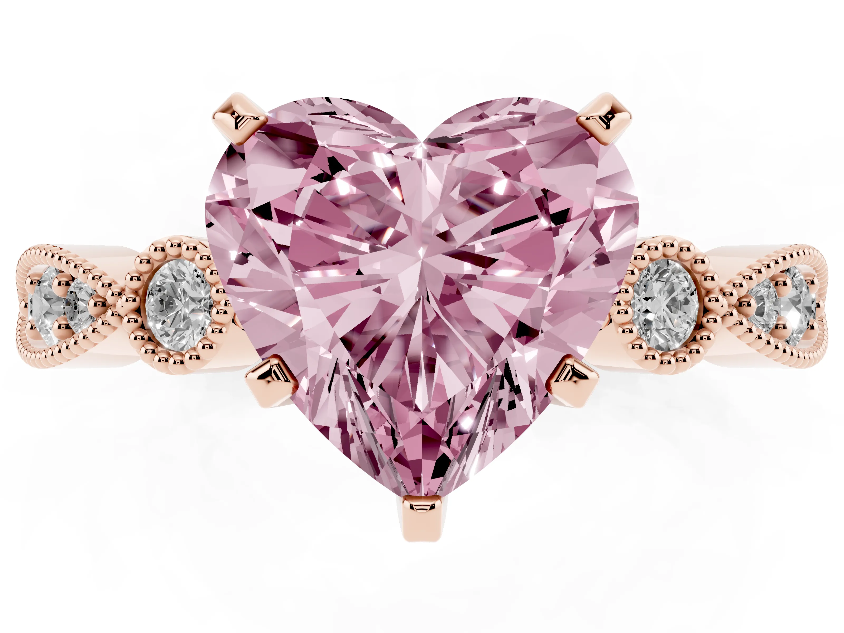 Fancy Pink Heart Cut Diamond Solitaire Engagement Ring Set in Rose gold with Milgrain Bezel Accent Band