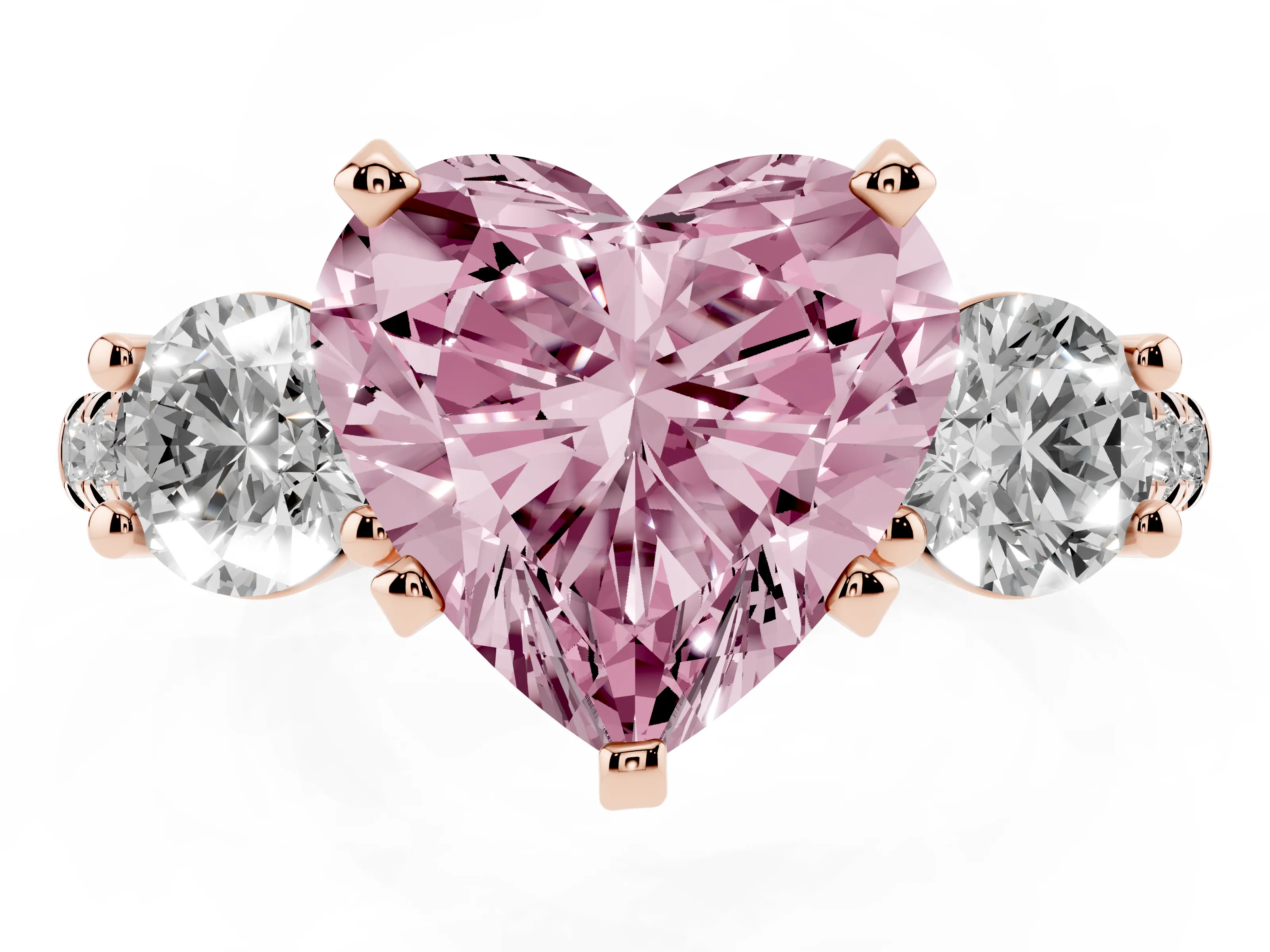 Fancy Pink Three-Stone Heart Cut Diamond Pavé Band Ring Set in Rose gold with Prong-Set Trio
