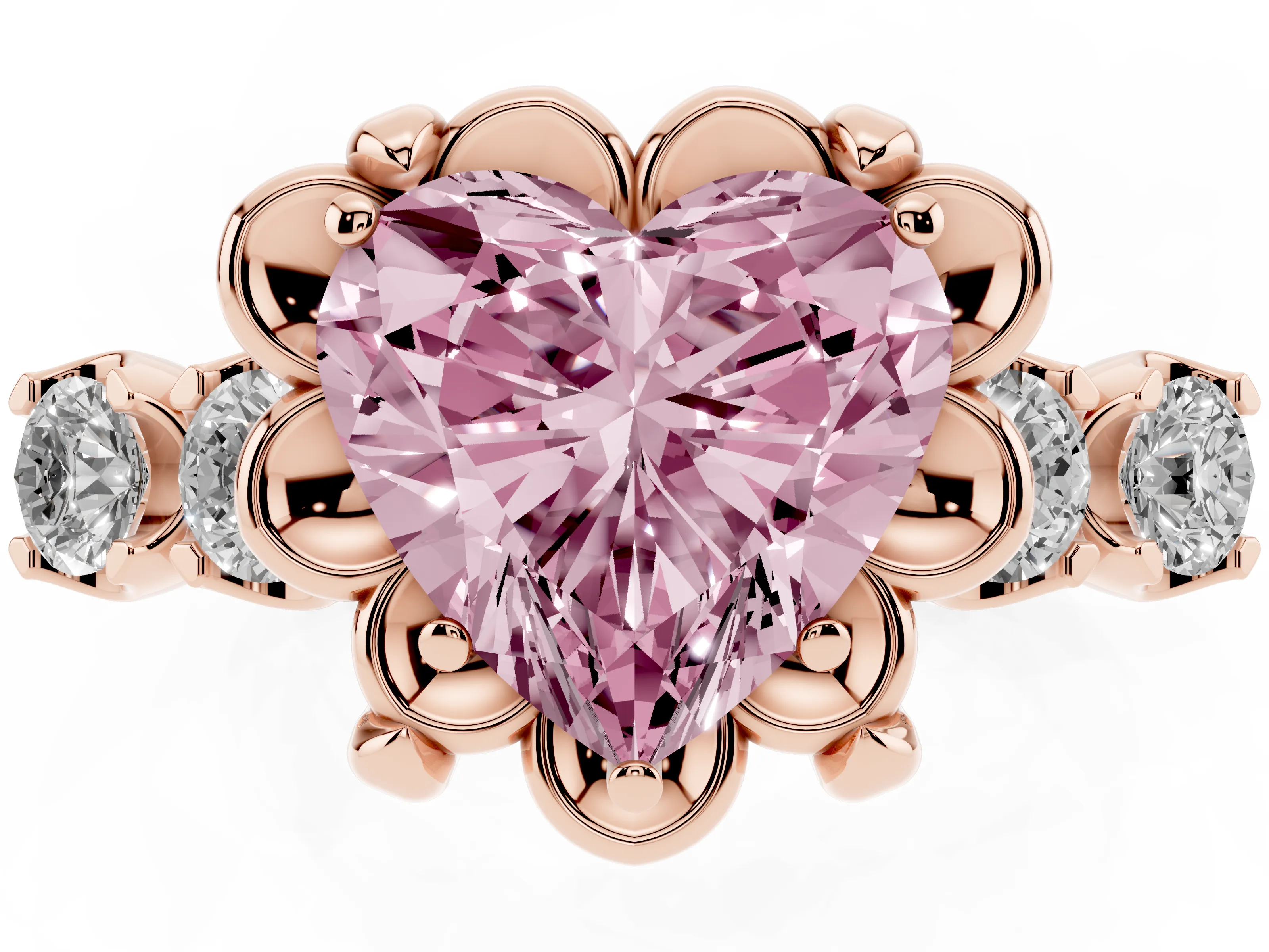 Fancy Pink Heart Cut Diamond Floral Halo Ring Set in Rose gold with Shared Prong Band