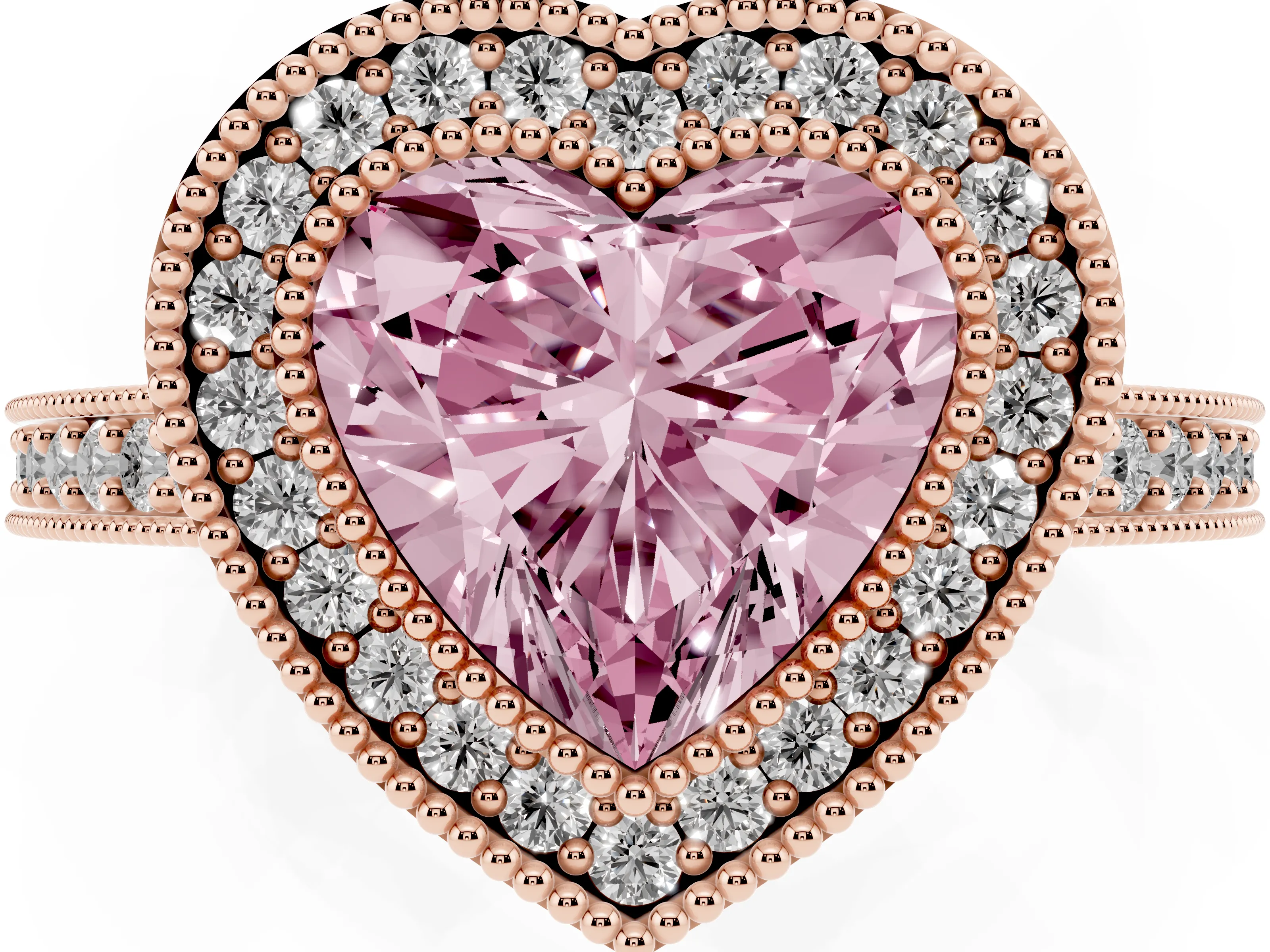 Fancy Pink Heart Cut Diamond Halo Engagement Ring Set in Rose gold with Pavé Band and Round Halo Stones