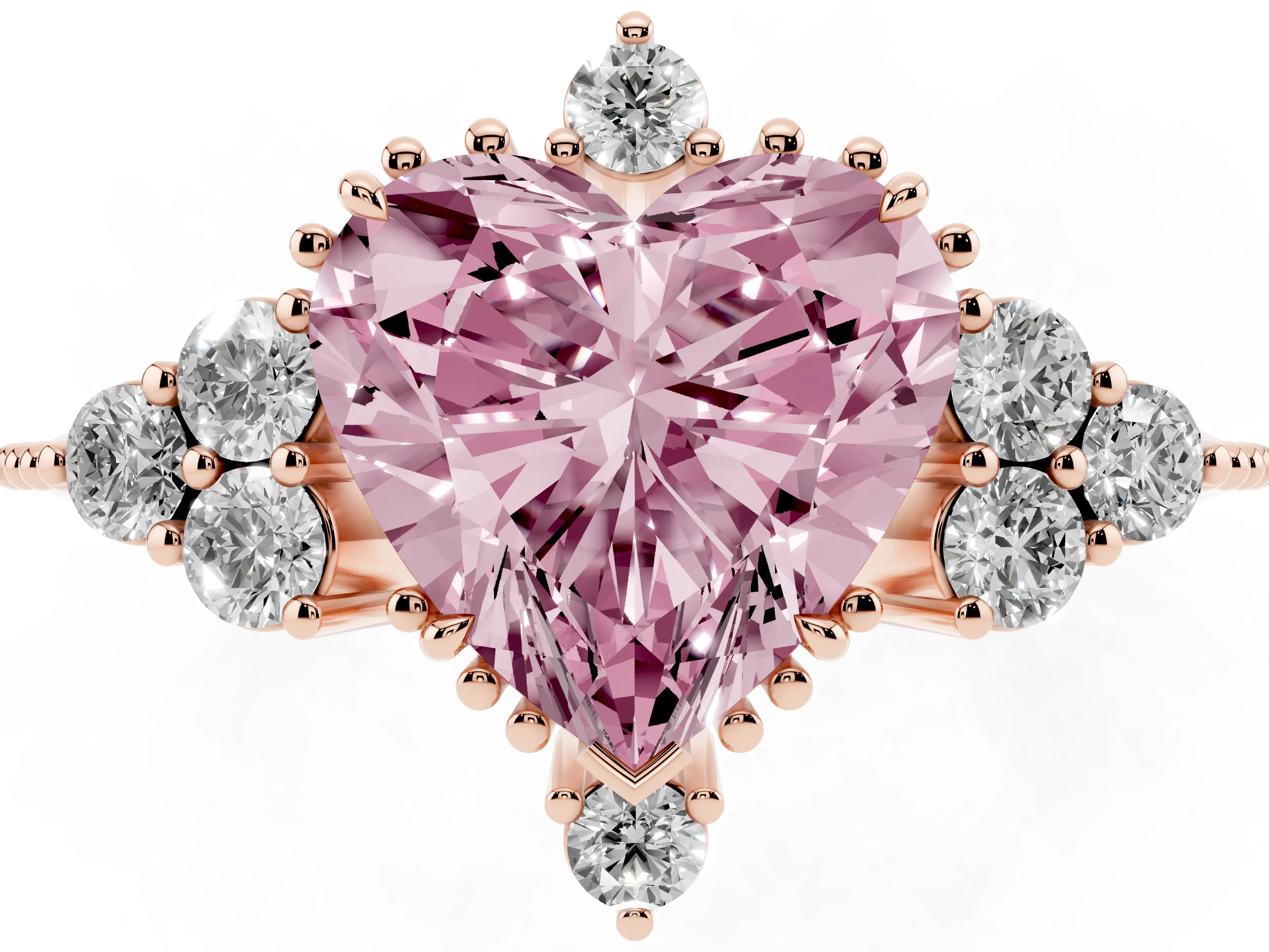 Fancy Pink Heart Cut Diamond Cluster Ring Set in Rose gold with Beaded Band