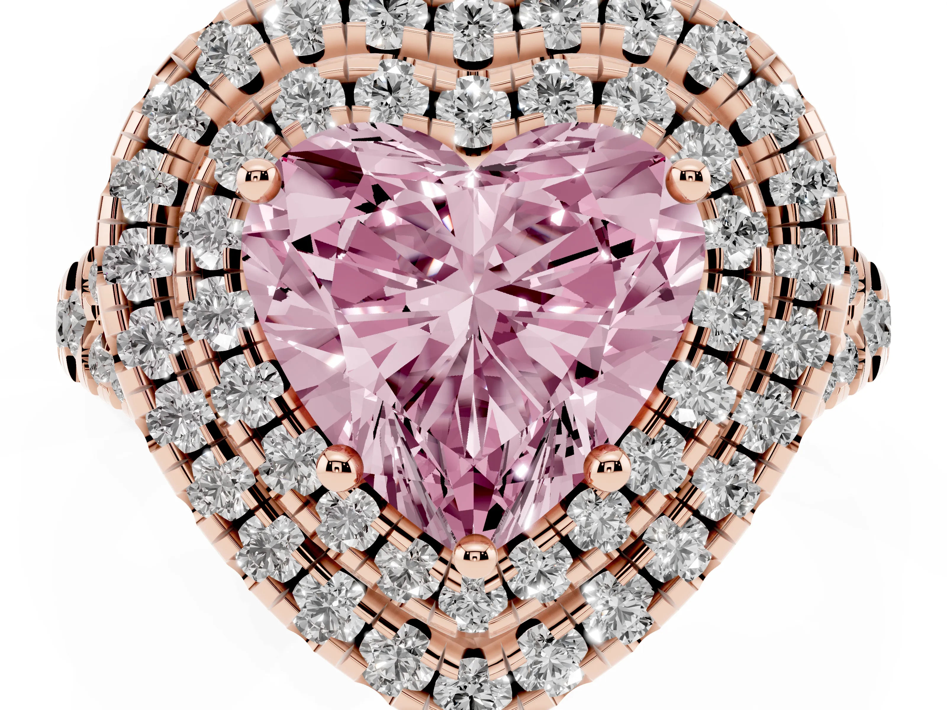 Fancy Pink Heart Cut Diamond Double Halo Ring Set in Rose gold with Pavé Split Shank and Prong Setting