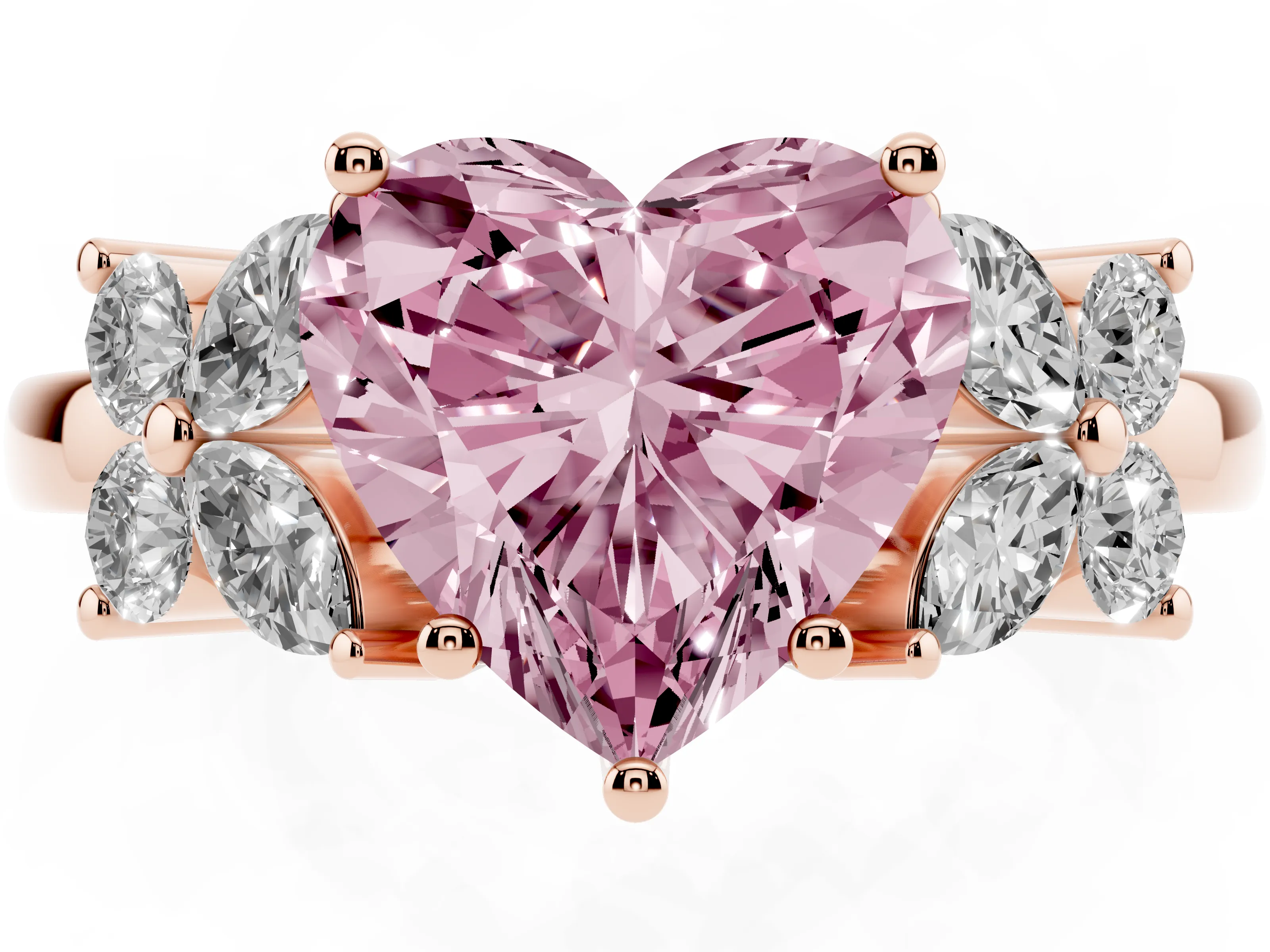 Fancy Pink Heart Cut Diamond Floral Cluster Ring Set in Rose gold with Marquise Petals and Prong Setting