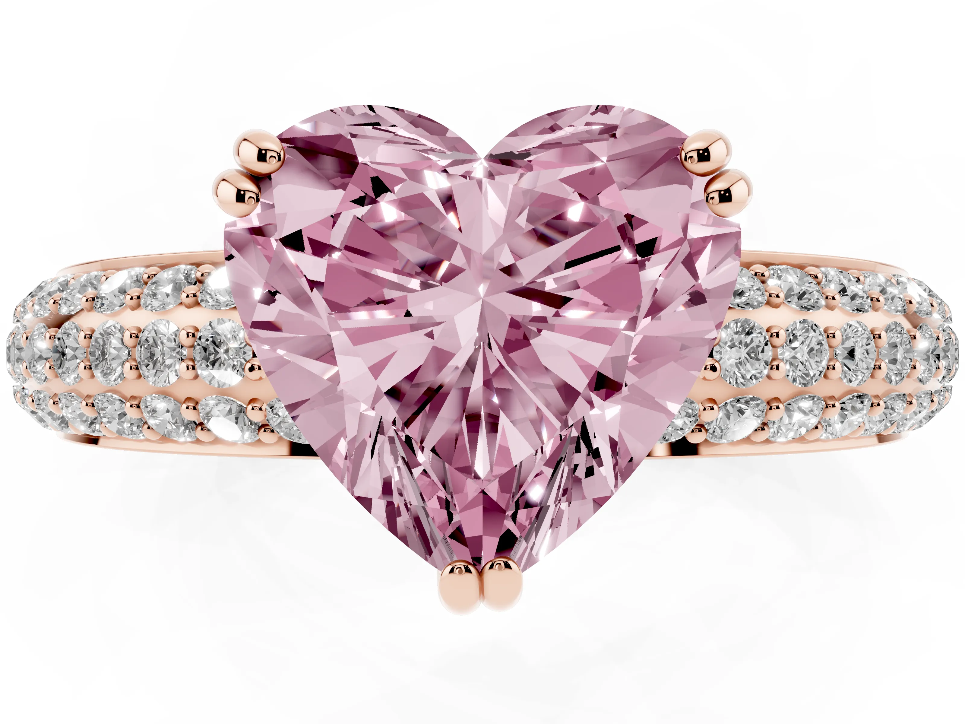 Fancy Pink Heart Cut Diamond Solitaire Ring Set in Rose gold with Multi-Row Round Pavé Band and Prong Setting
