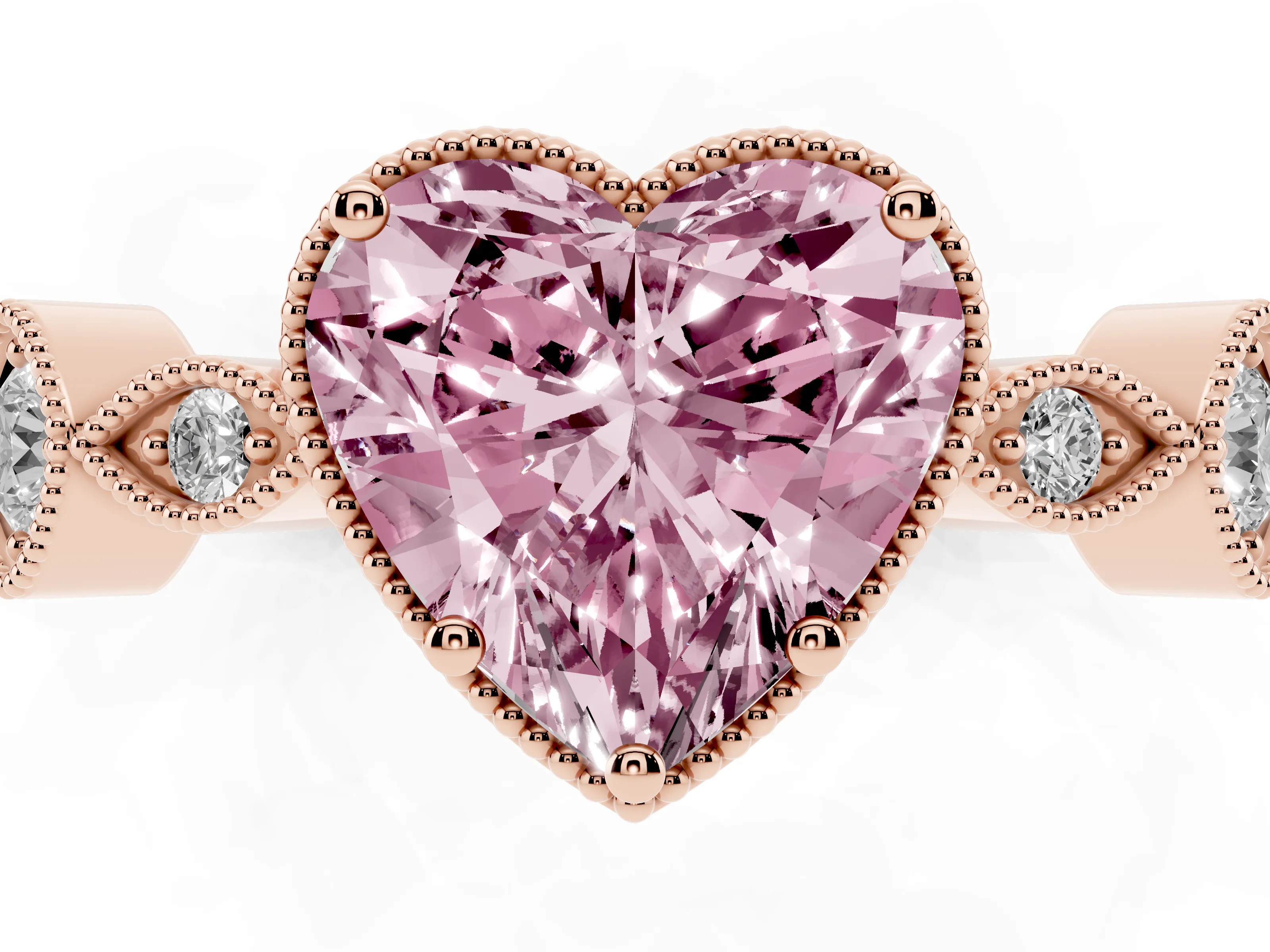 Fancy Pink Heart Cut Diamond Vintage-Inspired Milgrain Ring Set in Rose gold with Marquise Stations of Round Accents