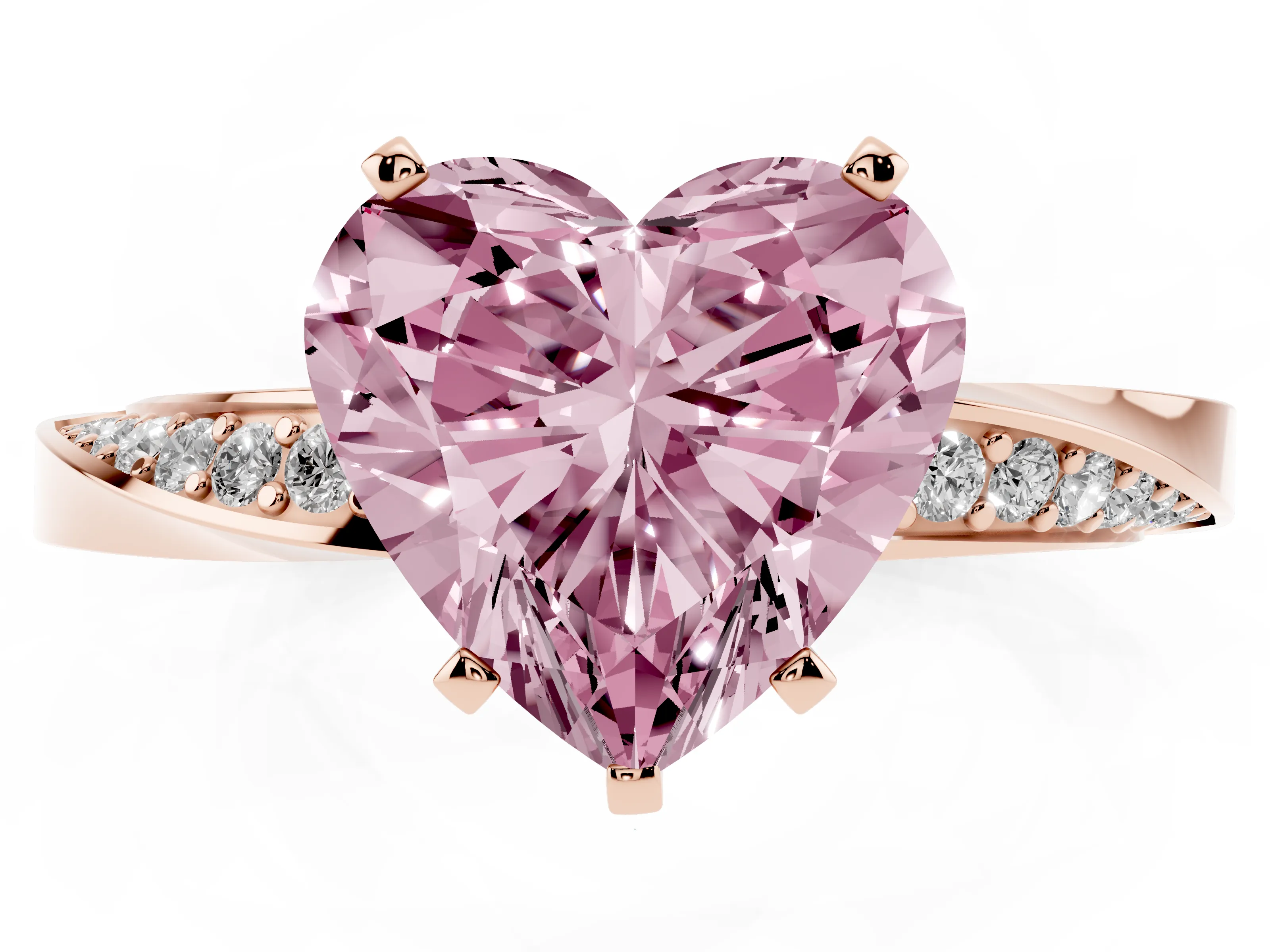 Fancy Pink Heart Cut Diamond Engagement Ring Set in Rose gold with Side Stone Accents and Prong Setting