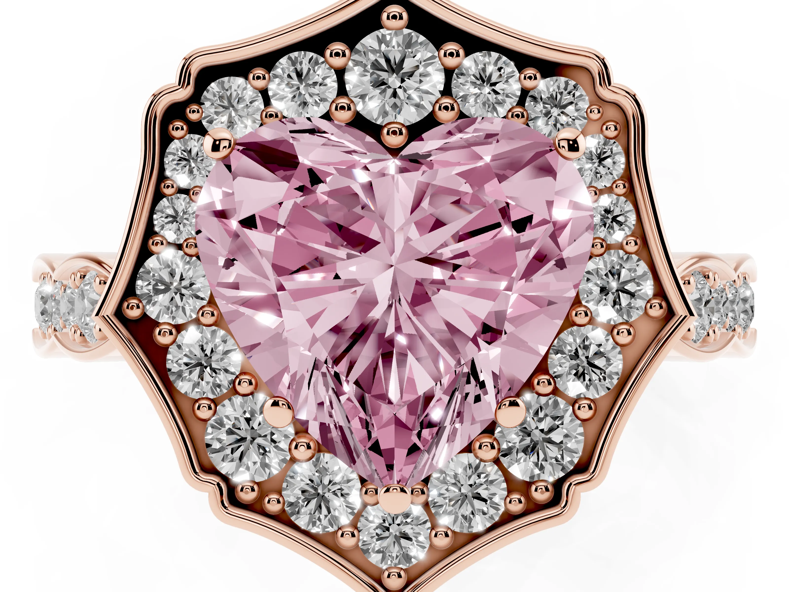 Fancy Pink Heart Cut Diamond Halo Engagement Ring Set in Rose gold with Milgrain Band and Prong Setting