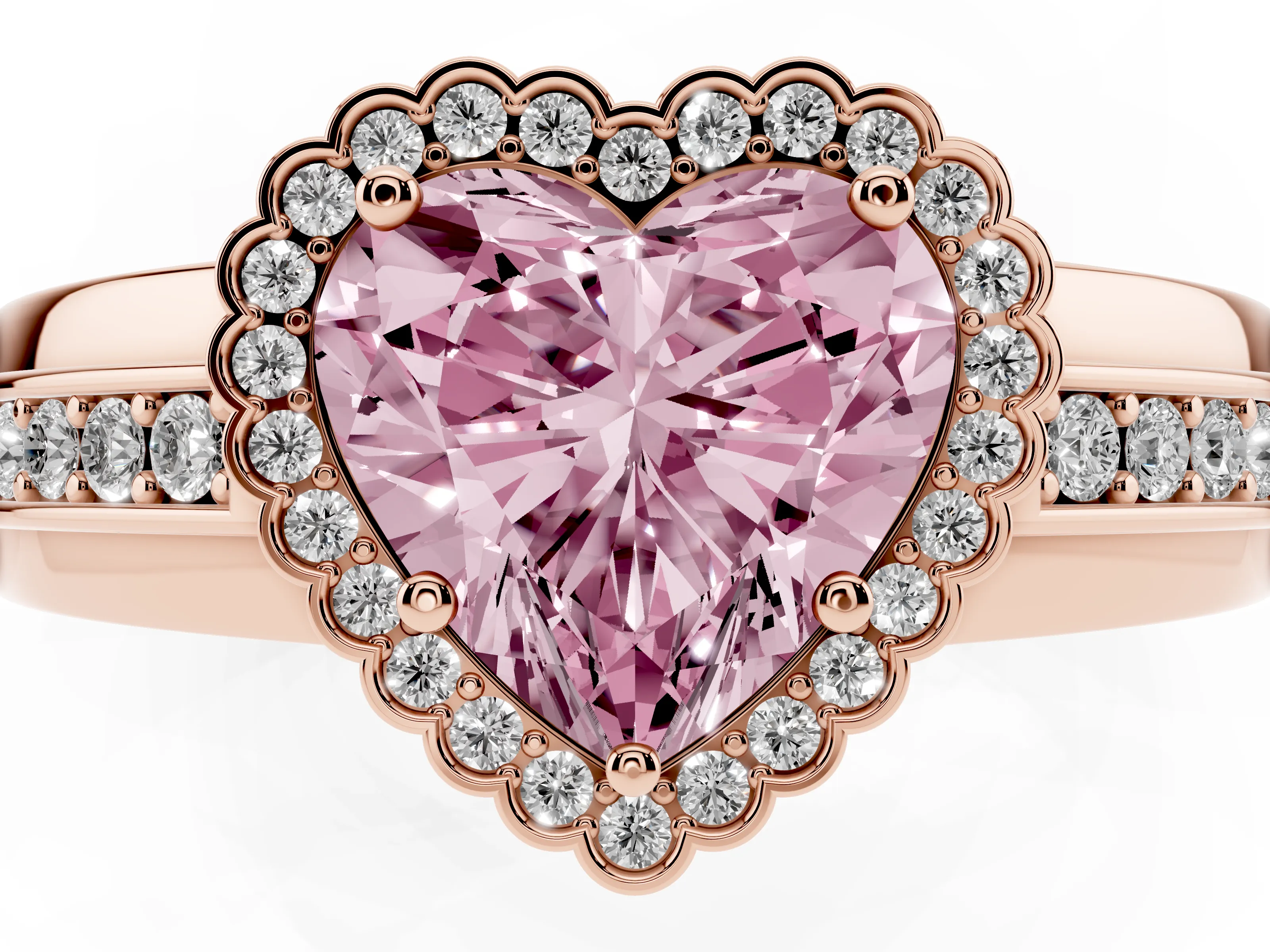 Fancy Pink Heart Cut Diamond Halo Prong Ring Set in Rose gold with Pavé Band