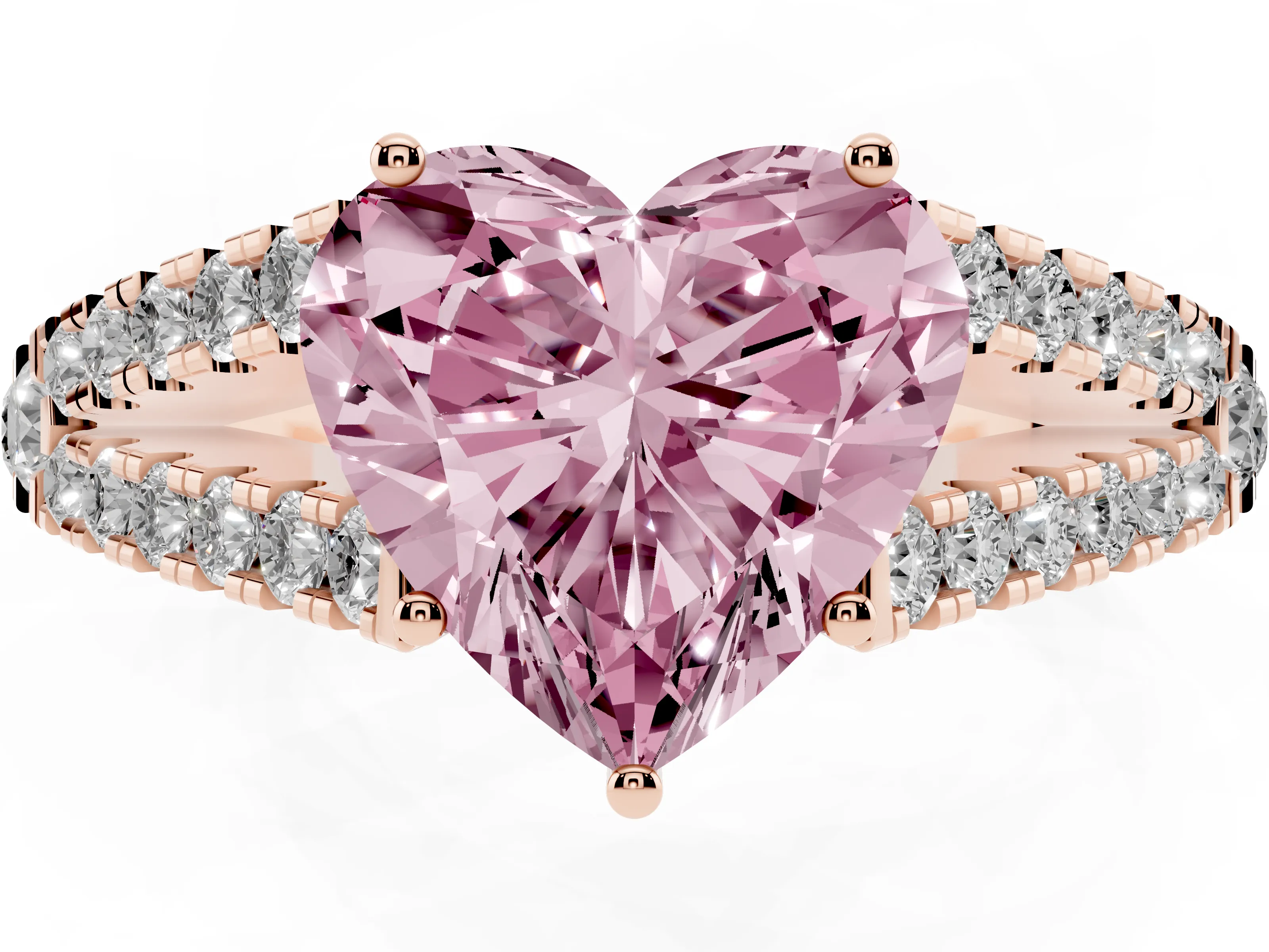 Fancy Pink Heart Cut Diamond Split Shank Pavé Engagement Ring Set in Rose gold with Prong-Held Center Stone